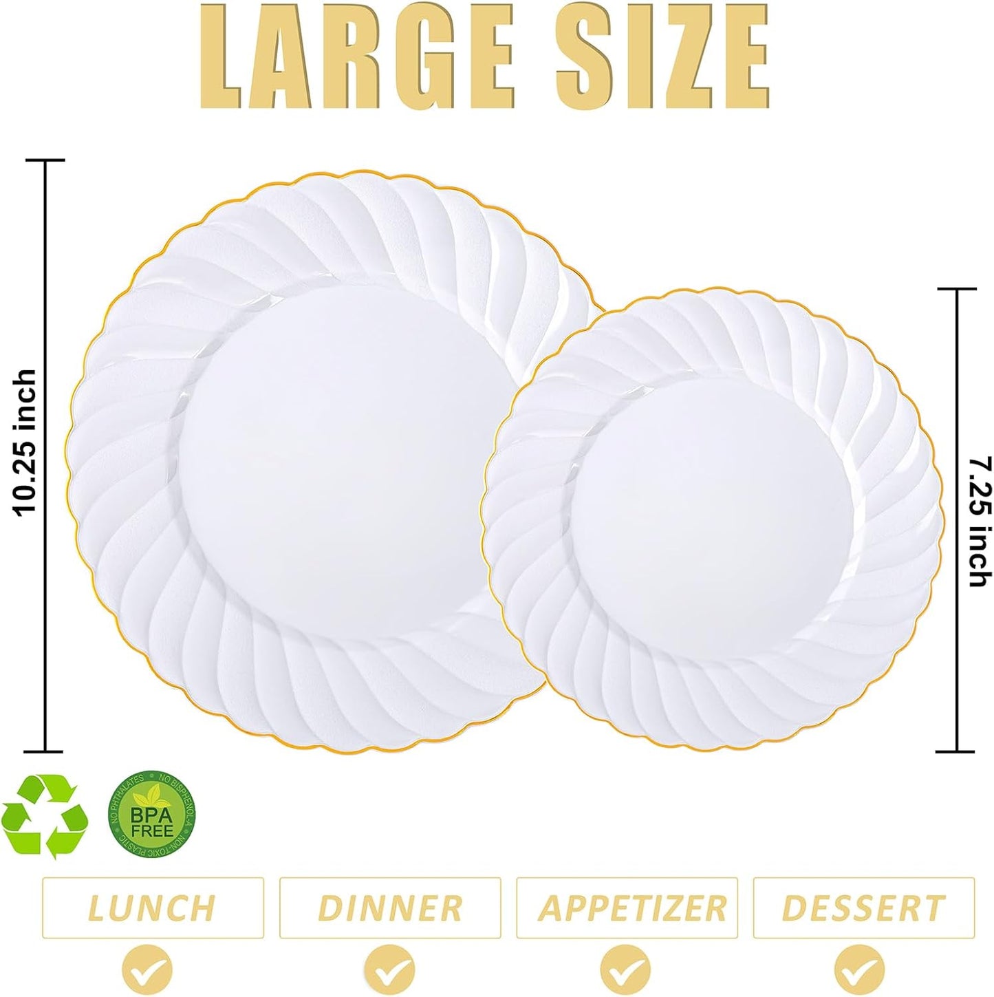 U-QE 60 Pcs White Plastic Plates with Gold Trim – Scalloped Plastic Plates Heavy Duty - Include 30 10.25" Dinner & 30 7.25" Dessert Plate – Perfect for Weddings, Bridal Showers and Party