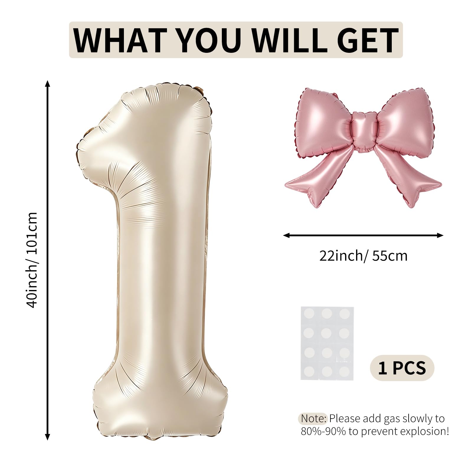40 Inch Cream Number 1 Balloon with Pink Bow, Coquette Aesthetic Foil Balloon for Birthday