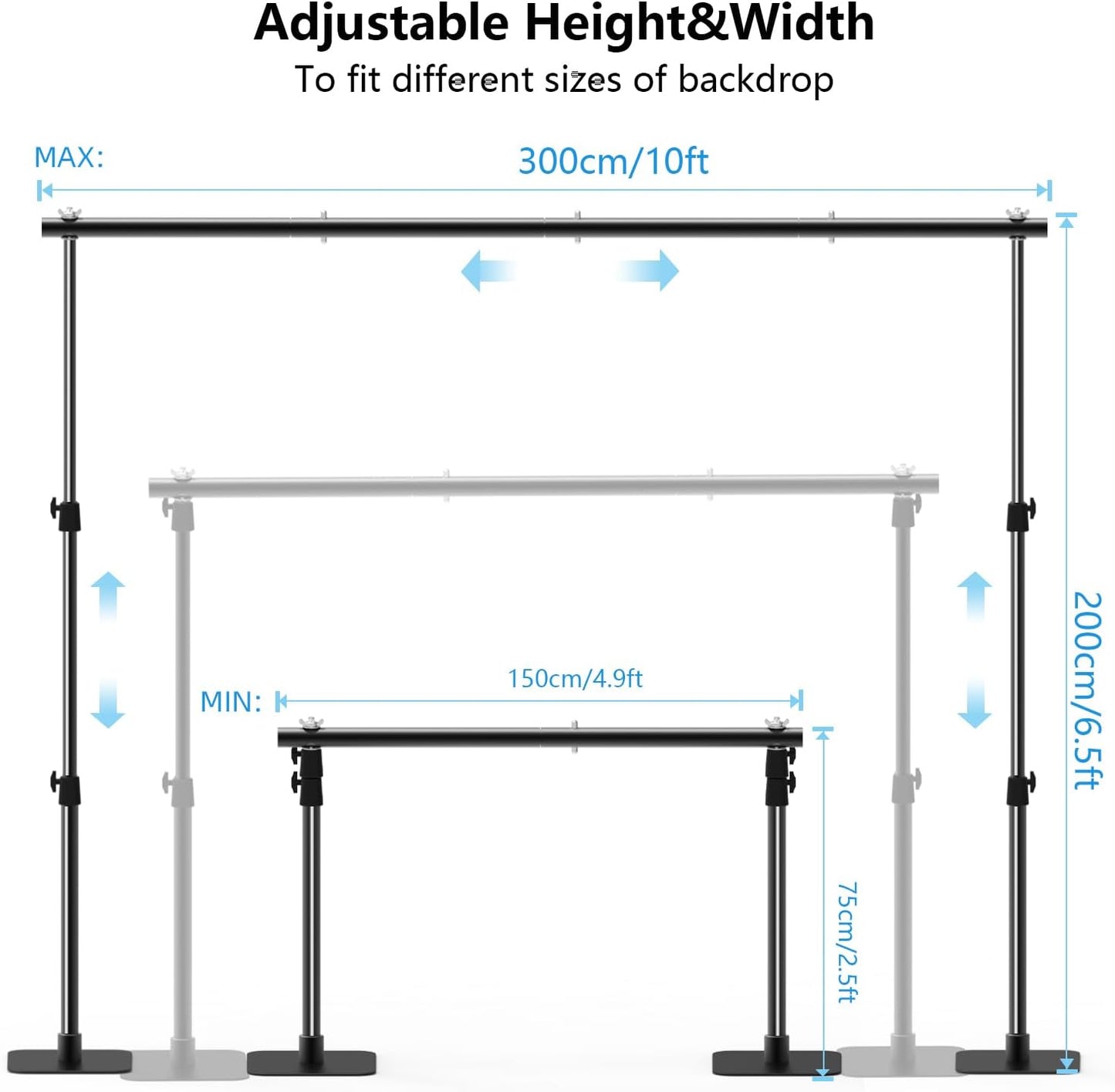 Pipe and Drape Backdrop Stand Kit, 6.5ft x 10ft Adjustable Photo Background Stands with Metal Flat Base for Photography, Birthday Parties, Wedding, Video Studio