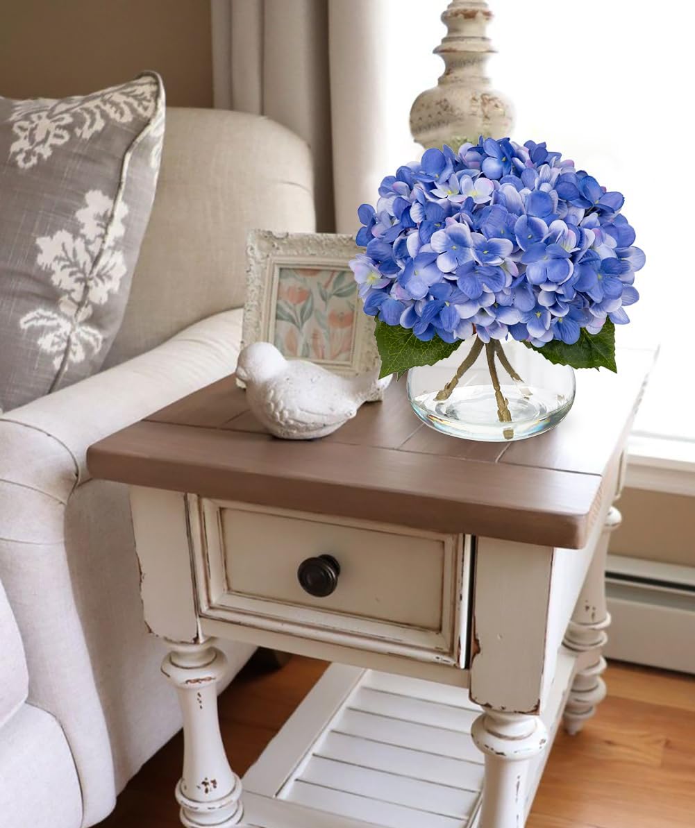 Hollyone Hydrangea Artificial Flowers with Vase Slate Blue Silk Fake Flowers Arrangements Floral Bulk Bouquet in Glass Vase with Faux Water for Home Bathroom Office Table Centerpiece Shelf Decorations