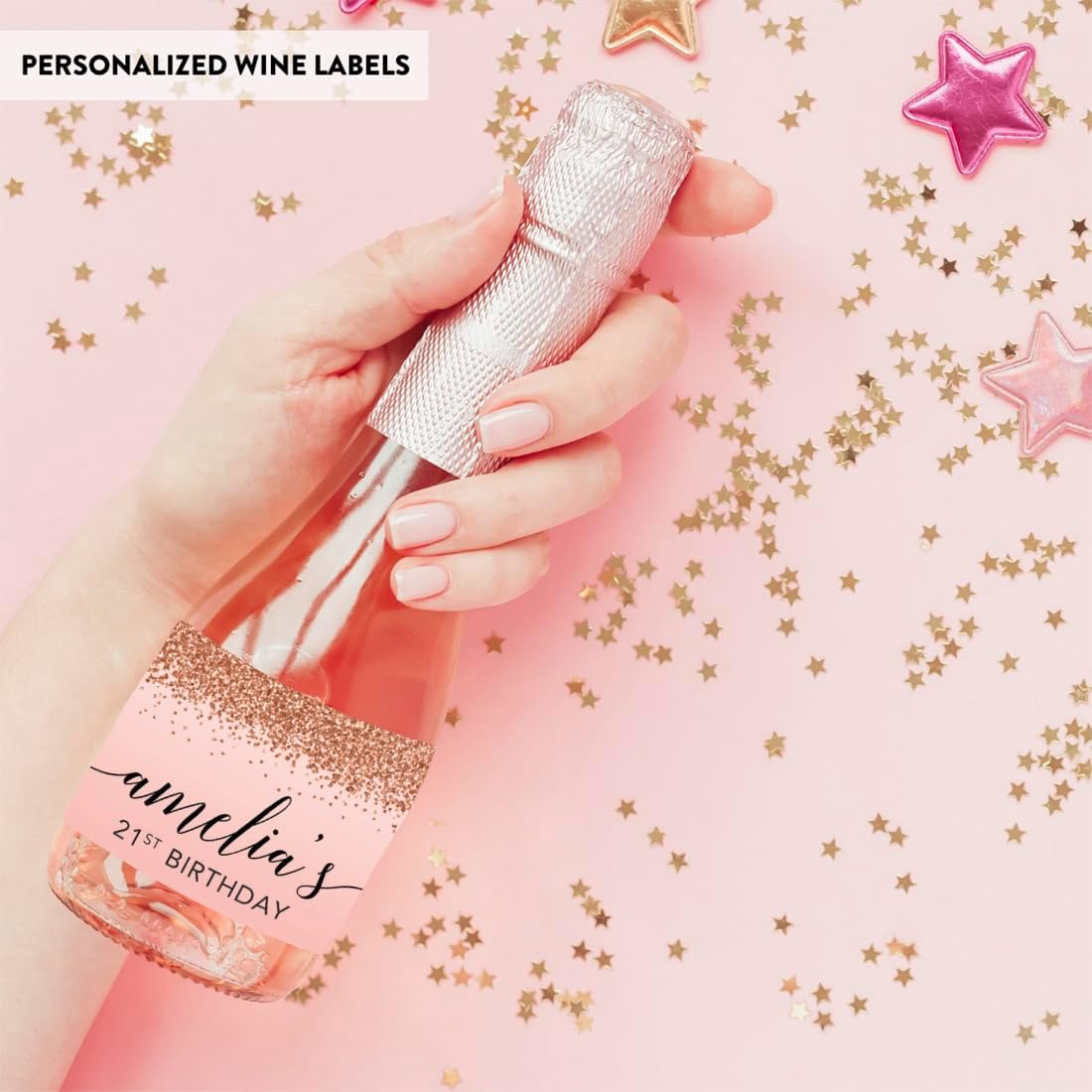 Andaz Press Personalized Mini Champagne Wine Bottle Labels, Birthday Blush Pink Faux Rose Gold Glitter Elegant, 20-Pack, Custom Champagne Bottle Labels 21St Birthday Wine Bottle Labels Birthday Labels