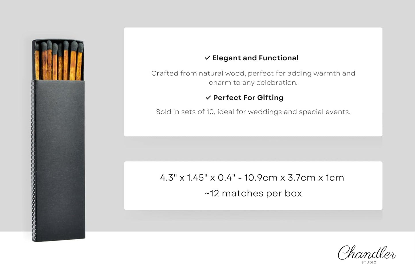 Chandler Studio 10 Boxes - Wooden Matchsticks in a Blank Matchbox with White/Black Matchboxes Colorful Tips (4" Matchboxes, 10 Boxes)