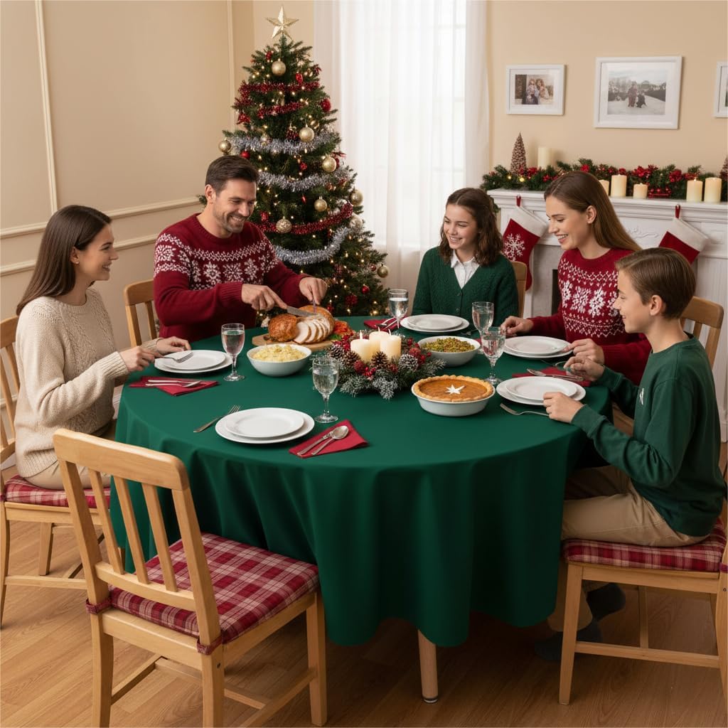 sancua Round Tablecloth - 108 Inch - Water Resistant Spill Proof Washable Polyester Table Cloth Decorative Fabric for Dining, Buffet Parties and Camping, Hunter Green