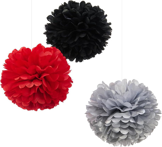 WEVEN Tissue Pom Poms Tissue Paper Flowers Tissue Fluff Balls Party Decorations 12-Inch Pack of 12 (Red, Black, Silver)