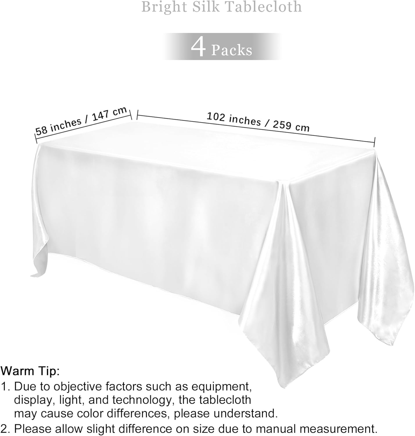 TURSTIN 4 Packs Satin Tablecloth 102 x 58 Inch Overlay Satin Table Cover Rectangle Bright Silk Tablecloth Smooth Fabric Table Decoration for Wedding Banquet Party Events, White
