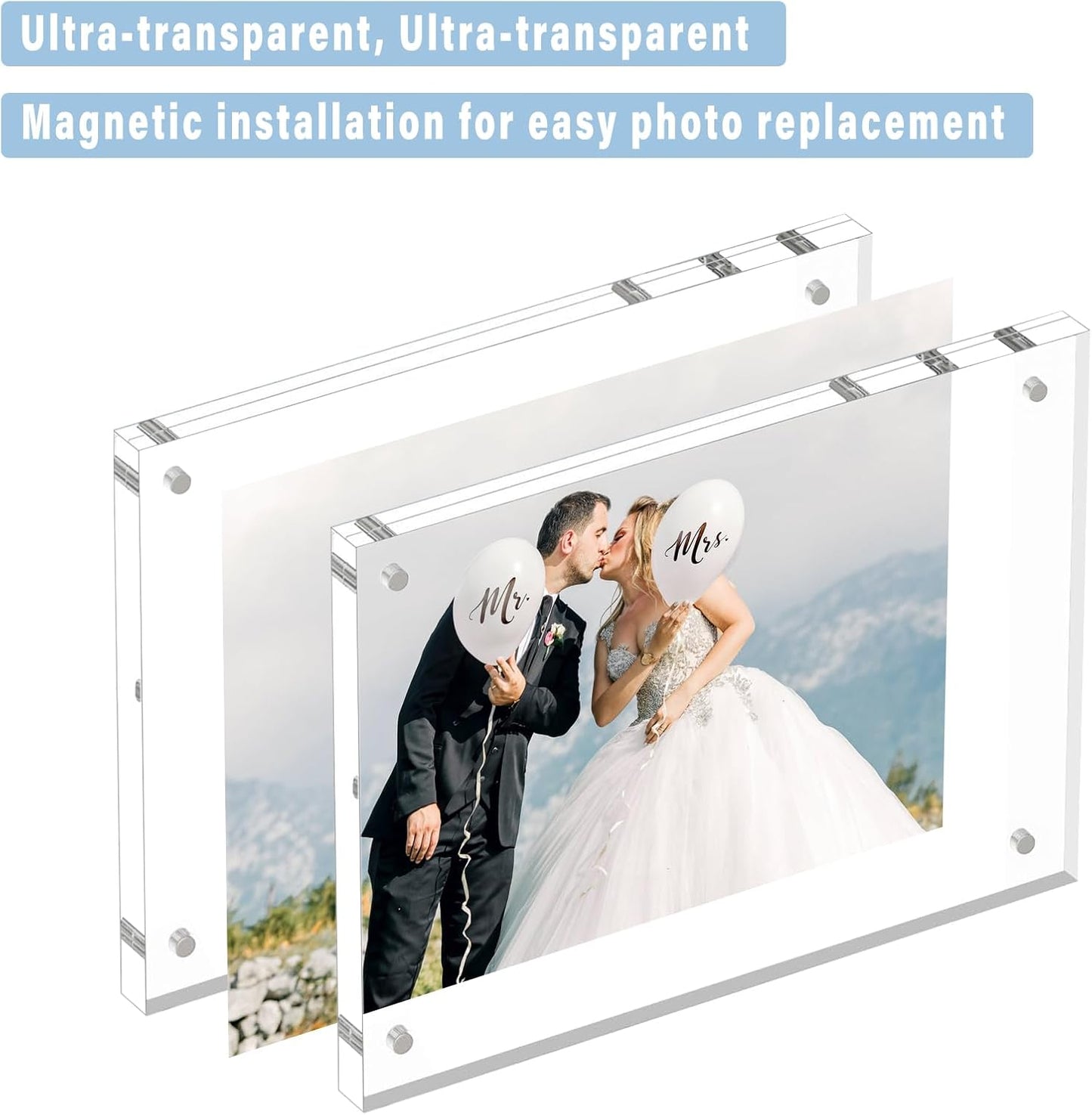 HELPLEX Acrylic Frame, 3 Pack 3.5x5 Acrylic Picture Frames, 20mm Thicker Frameless Clear Frame Double Sided Magnetic Frame, Free Standing Desktop Display Stand Acrylic Frames, 3.5x5(3 PACK)