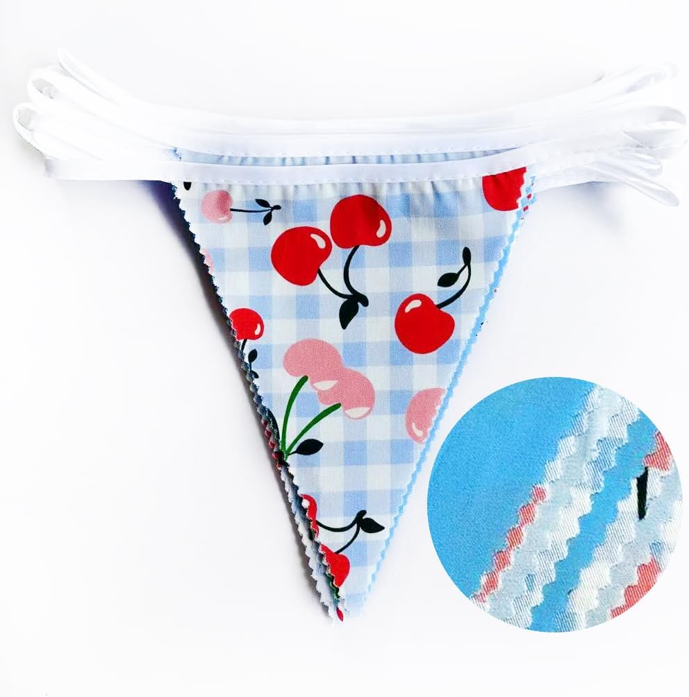 32Ft Blue Gingham Cheery Pennant Banner Fabric Triangle Flag Garland Streamers Party Decorations for Ma Cherie Baby Shower Cherry on Top Bachelorette Fruit Birthday Picnic Spring Garden Supplies