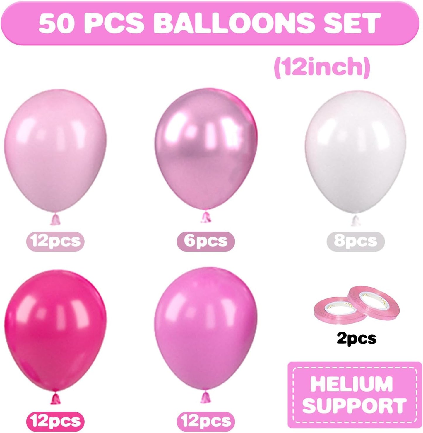 Pink Balloons, 12 Inch Hot Pink Balloons, Pastel Metallic Pink White Latex Balloon Helium for Girls Birthday Baby Shower Wedding Gender Reveal Bridal Shower Princess Party Decoration