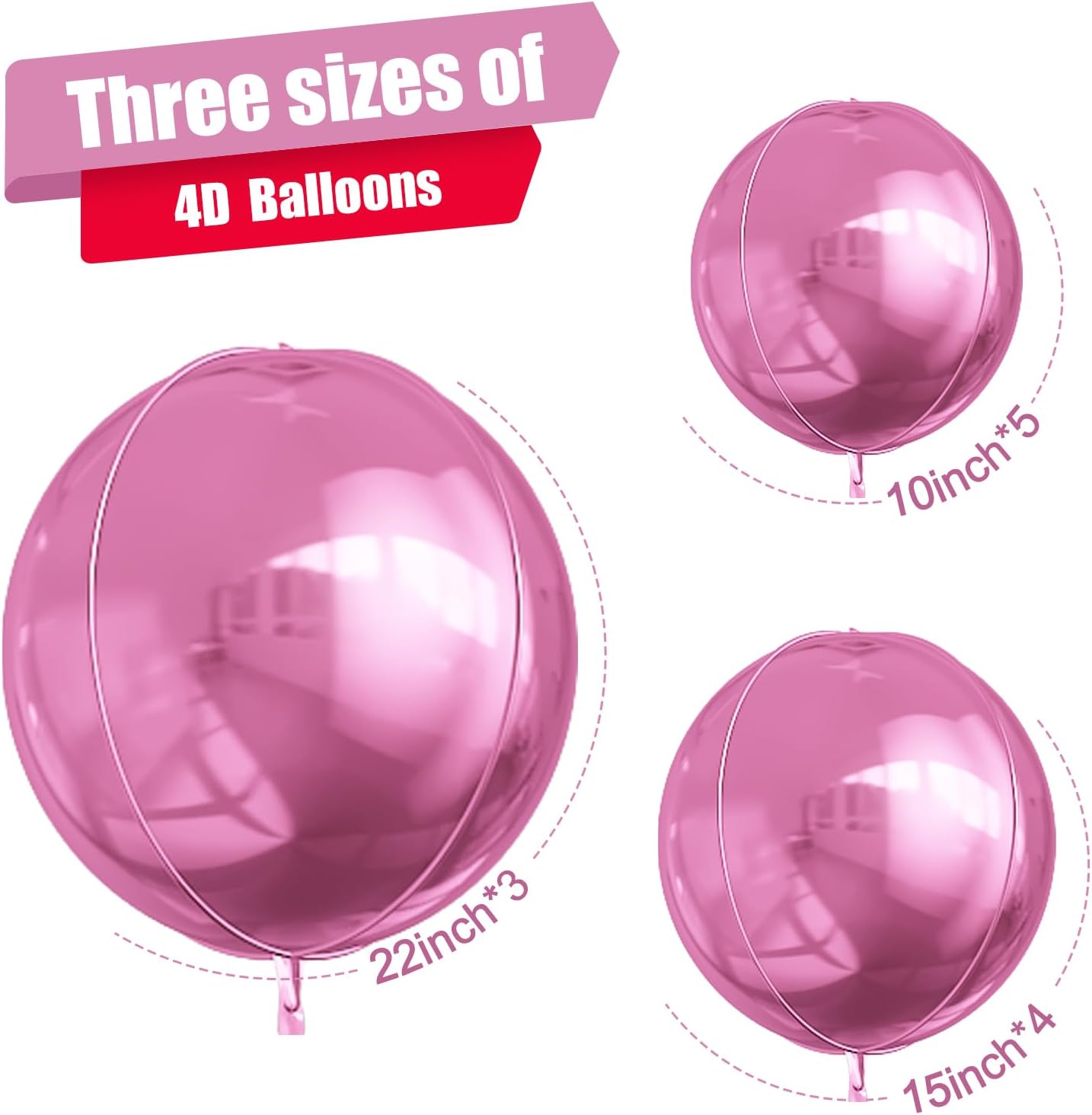 12Pcs Pink Round Foil Balloons, 22" 15" 10" 4D Helium Ball Balloon, Metallic Pink Foil Balloon for Birthday Graduation Wedding Anniversary New Year Eve Disco Prom Party Decorations