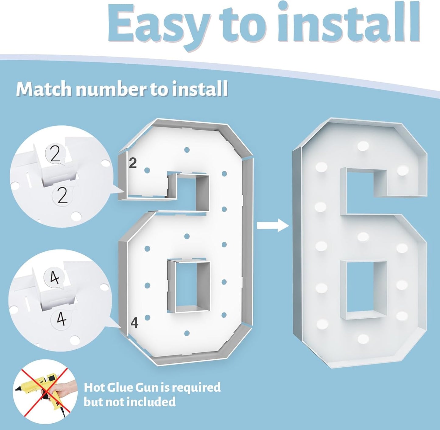 4FT Marquee Light Up Numbers - Cool White Light Up Number 6 with Fixed Water Bag, Party Decoration Large Marquee Lights Up Numbers can Be Used for Wedding Decoration, Birthday Party Deco