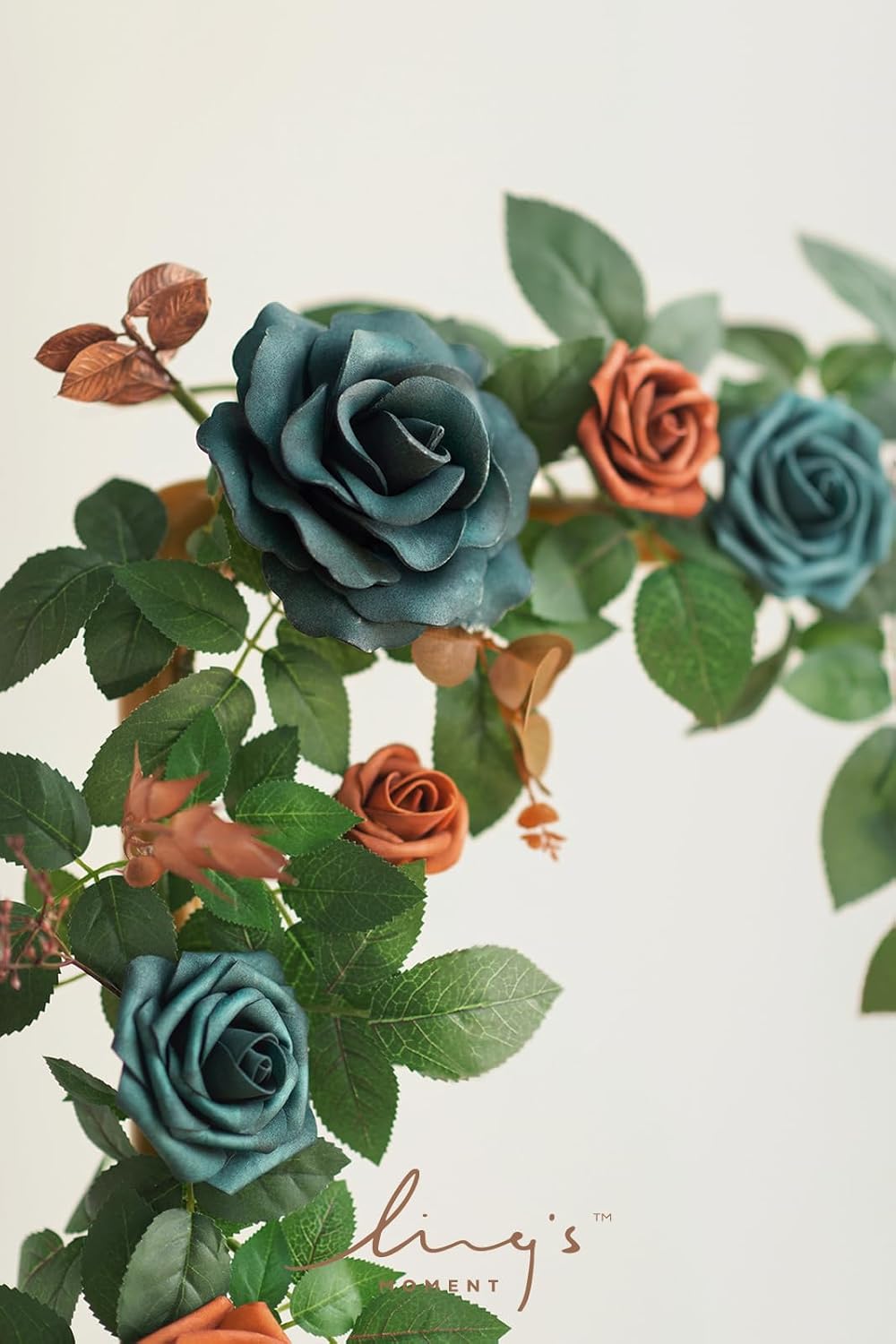 Ling's Moment 5FT Teal Blue Artificial Flower Garland Burnt Orange Rose Eucalyptus Leaves Floral Garland Arch Flowers Vine for Wedding Party Backdrop Decor Home Table Centerpieces Window Decorations