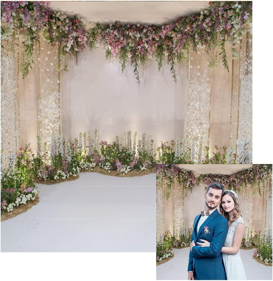 Renaiss 5x5ft Wedding Backdrop Romance Archway Flowers Blossom Sequins Curtain Cradle Ceremony Bridal Shower Photography Background for Anniversary Marriage Party Decor Photo Studio Props