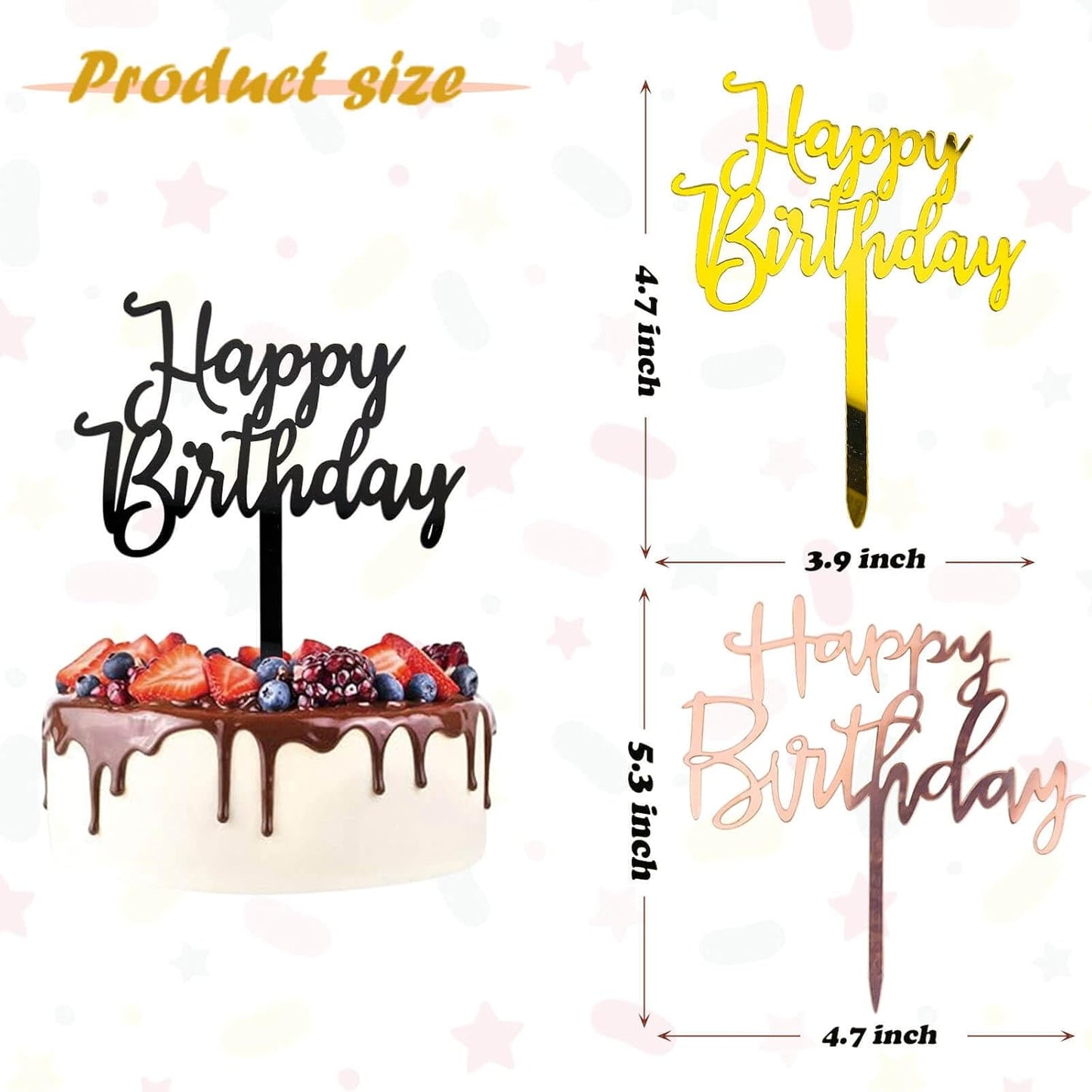 Happy Birthday Cake Toppers - 6 Pack (2 Styles, 3 Colors) Acrylic Cake Decorations for Women & Men Party Toppers for Cakes, Cupcakes