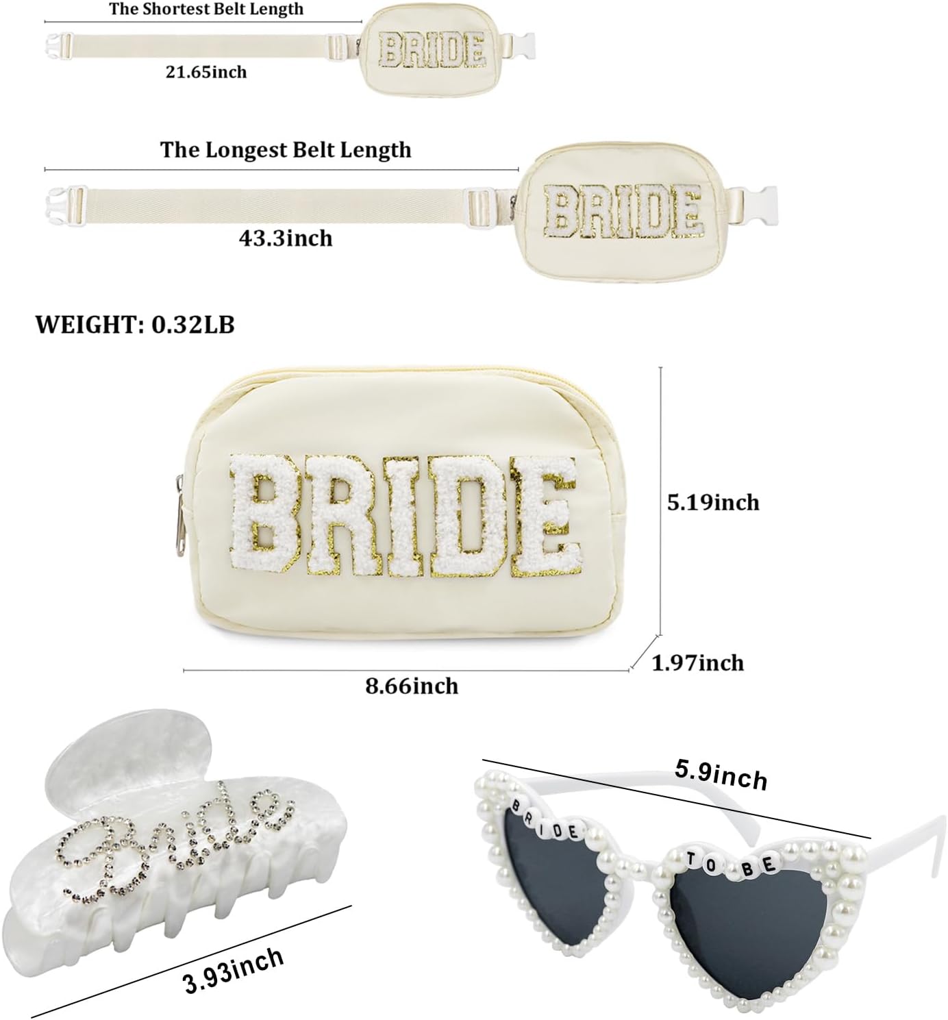 Lamyba Bachelorette Gifts for Bride,Bride Gifts,Bride Fanny Pack,Hair Claw Clip and Sunglasses,Bride to be Gifts,Bachelorette Party Decorations,Favors,Accessories,Bridal Shower/Wedding Gifts