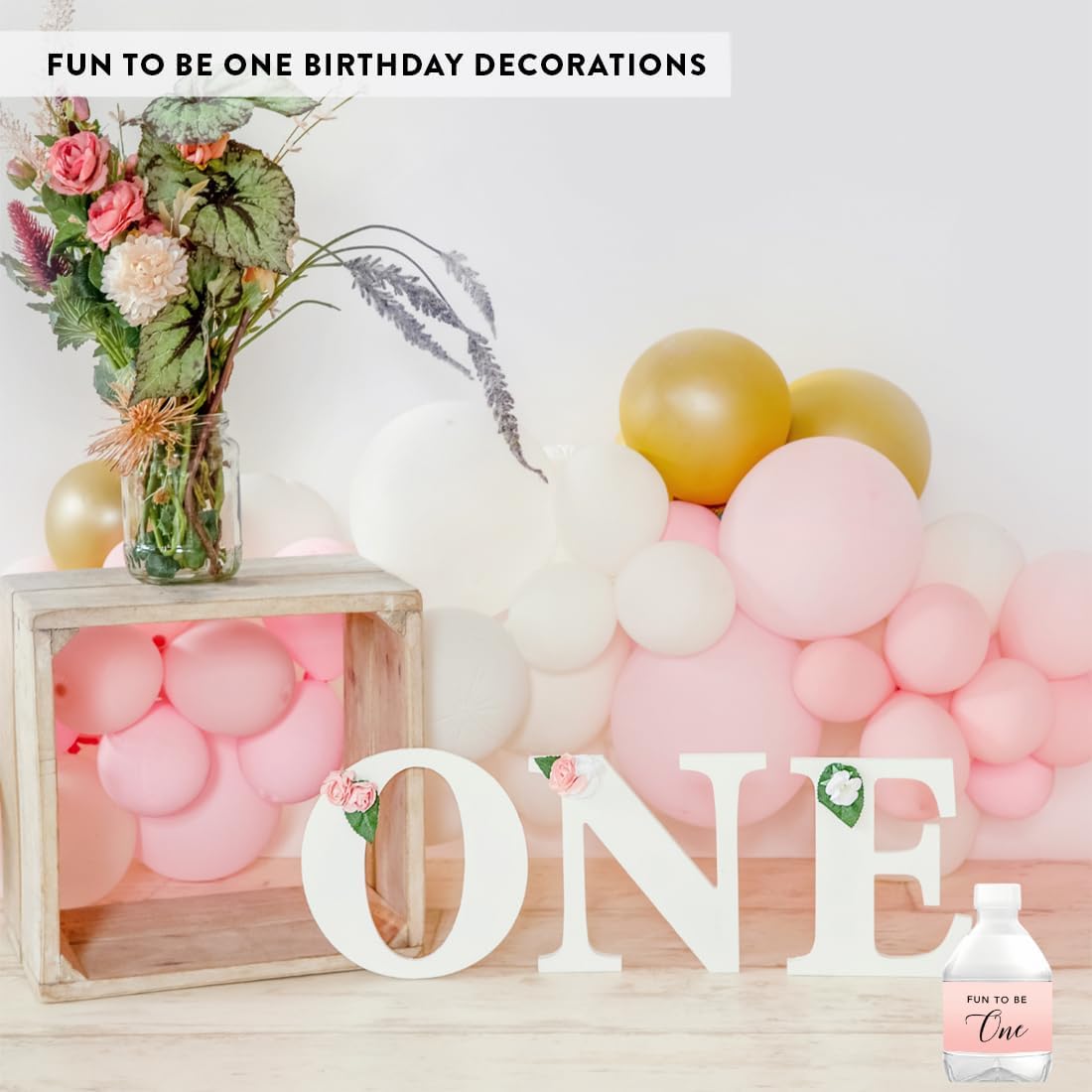 Andaz Press Blush Pink Rose Elegant Party Baby Girl's 1st Birthday Collection, Waterproof Water Bottle Labels, Fun to Be One, 20-Pack, Party Favors Decor Gift Ideas