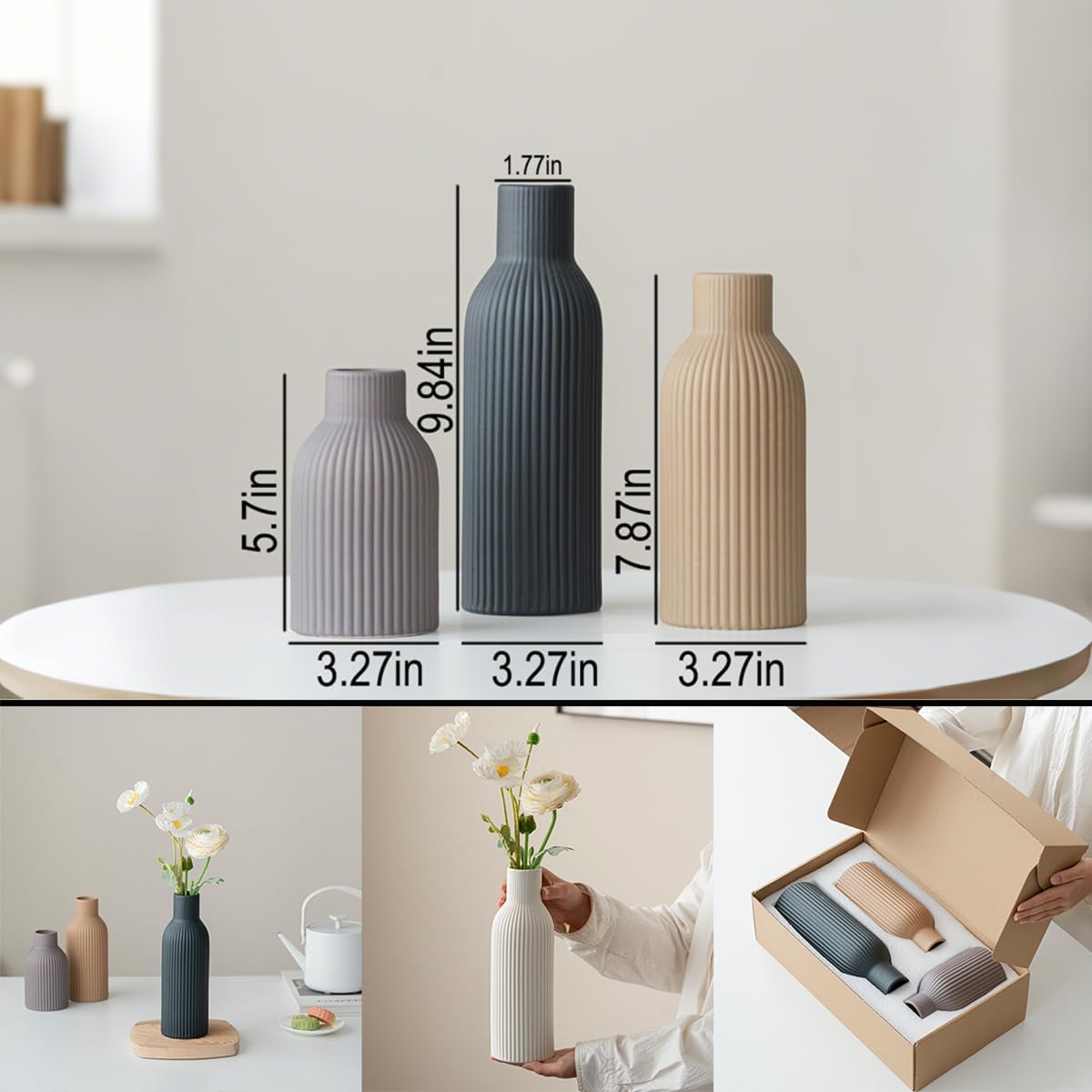 Modern Ceramic Vases Set of 3, Black Ribbed Decorative Vases, Shelf Table Centerpiece for Home Decor (Black Mix)