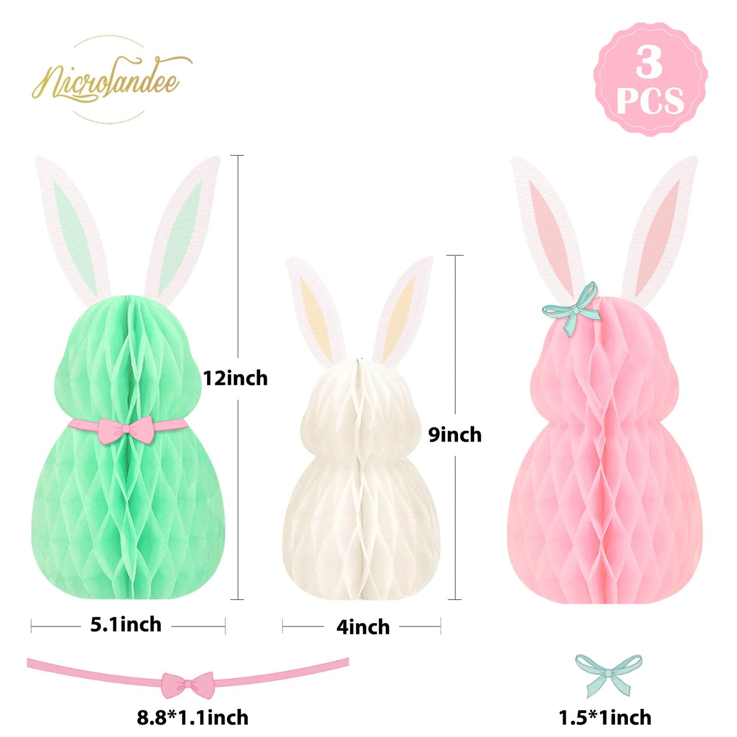 NICROLANDEE Easter Decorations - 3Pcs Mini Easter Bunny Family Honeycomb DIY Table Centerpiece Set
