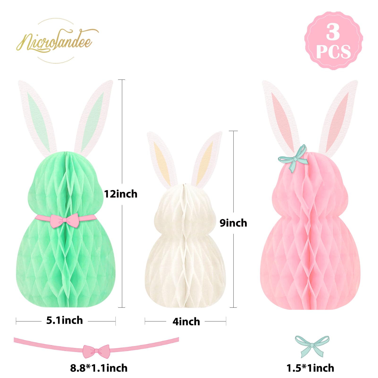 NICROLANDEE Easter Decorations - 3Pcs Mini Easter Bunny Family Honeycomb DIY Table Centerpiece Set
