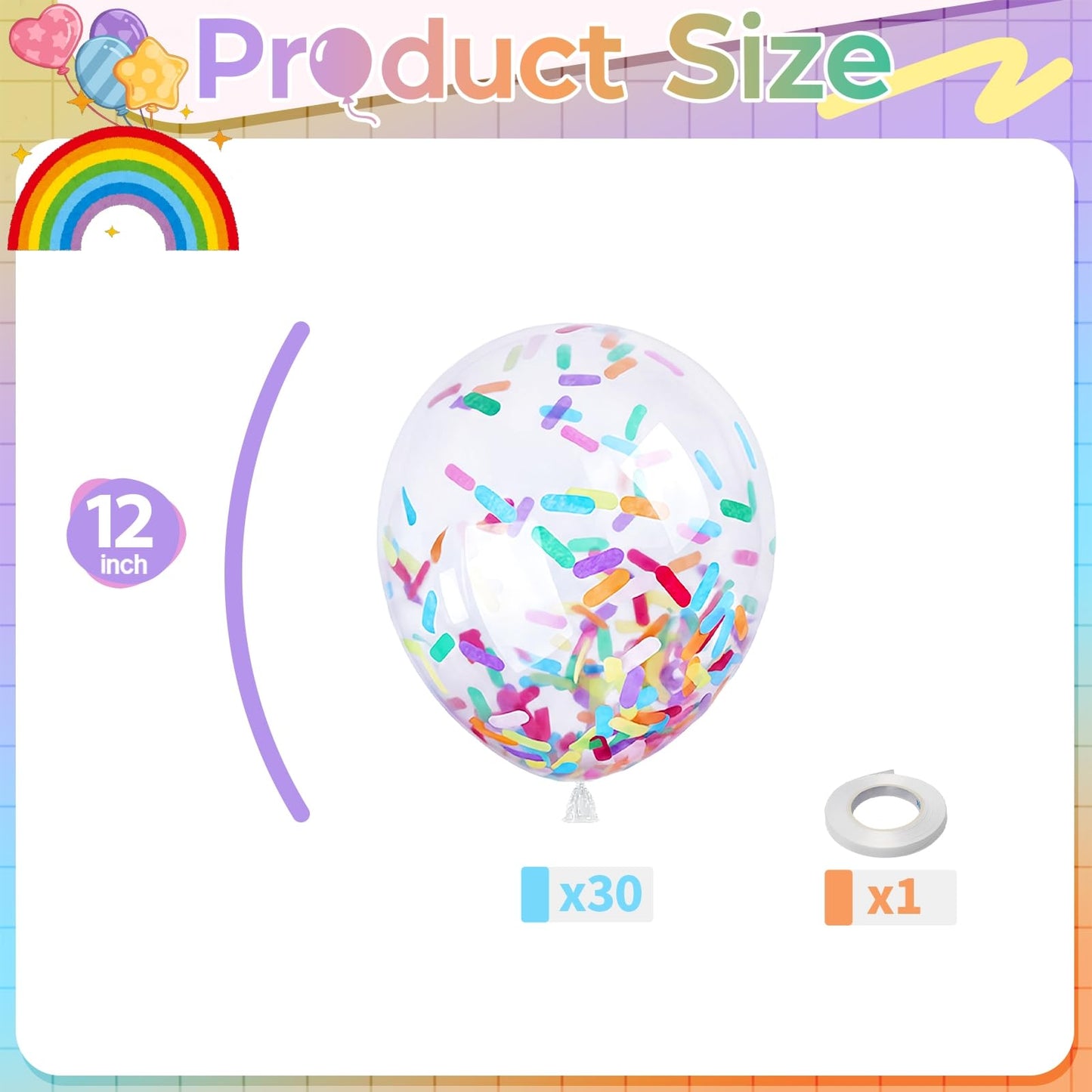 Rainbow Confetti Balloons, 12 Inch Multicolor Candyland Ice Cream Sprinkle Colorful Long Confetti