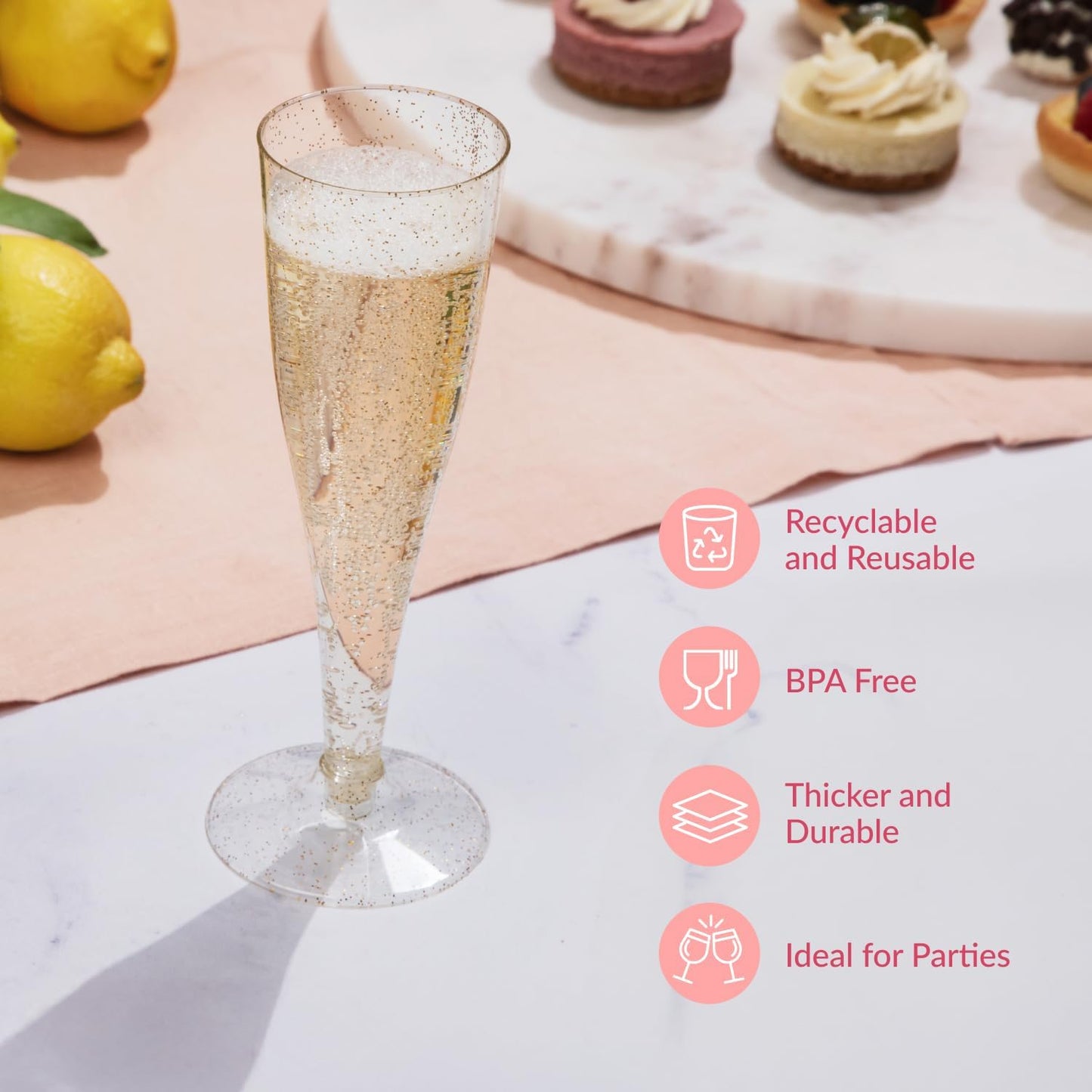 Prestee 100 Gold Plastic Champagne Flutes - 4.5 oz Disposable Champagne Glasses for Toasting at Weddings, Mimosas, Cocktails, Great Gatsby Party Decorations, and Events