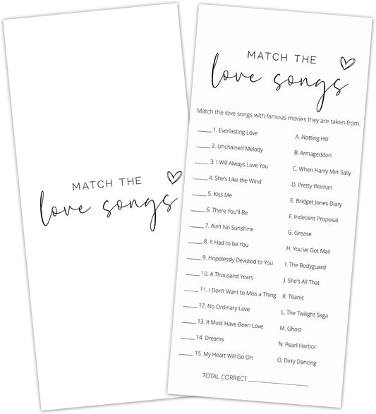 Bridal Shower Games, Match the Love Songs, 25Pcs 4x9in Minimalist White Double-Sided Bridal Game Cards with 1 Answer Key, Wedding Shower Games for Guests, Engagement Bachelorette Party Supplies - A02