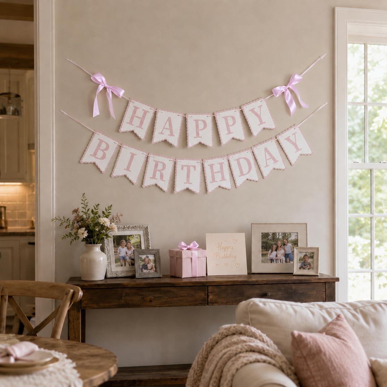 Pink Happy Birthday Banner with Satin Bows, Coquette Bow Birthday Decor