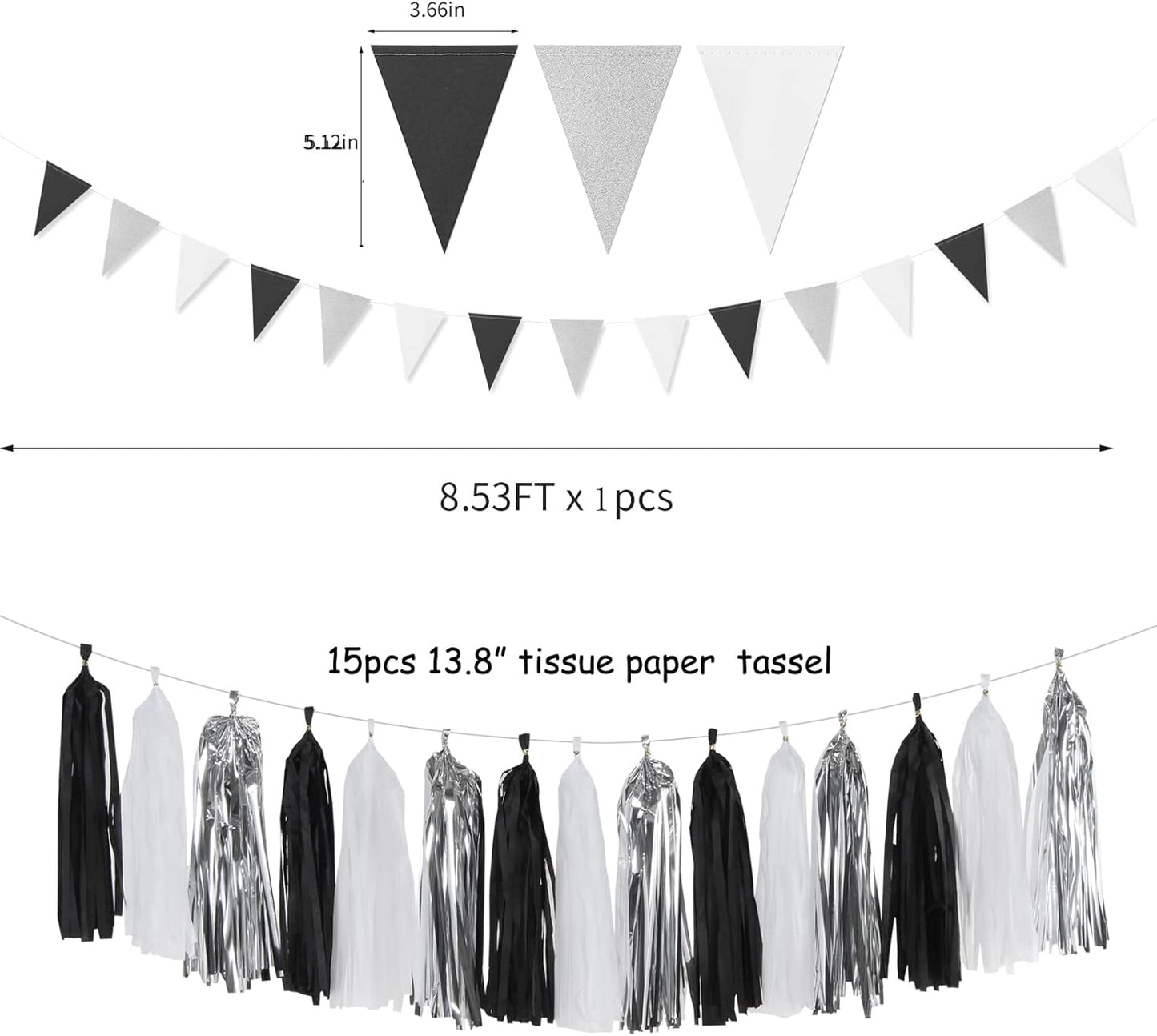 Black White Silver Party-Decorations Streamers - 23pcs Tissue Pom Poms, Graduation Men Boys Birthday Tassel Garland Banner,Wedding Baby Bridal Shower New Years Decor Lasting Surprise