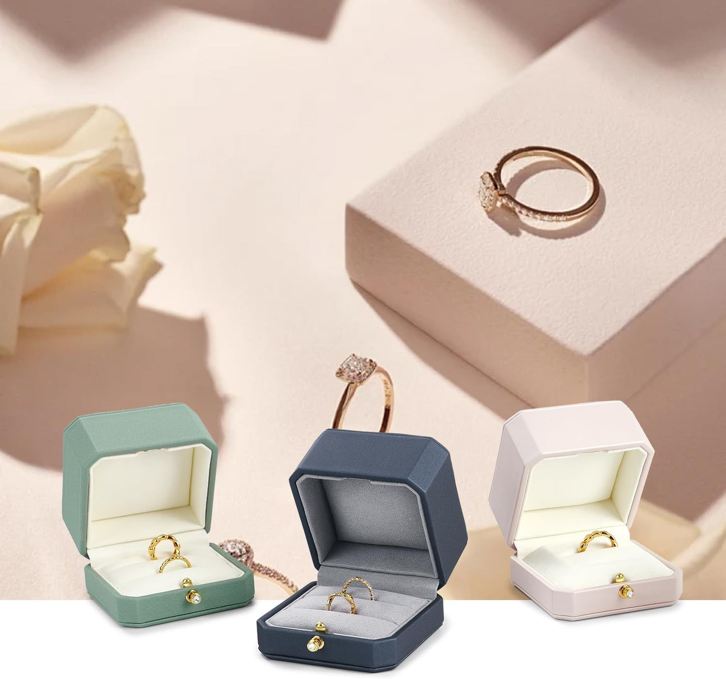 Oirlv Luxury Leather Ring Box for Jewelry Gift Octagon Women Ring Holder for Wedding Day, Proposal, Engagement, Anniversary(Blue,Single)