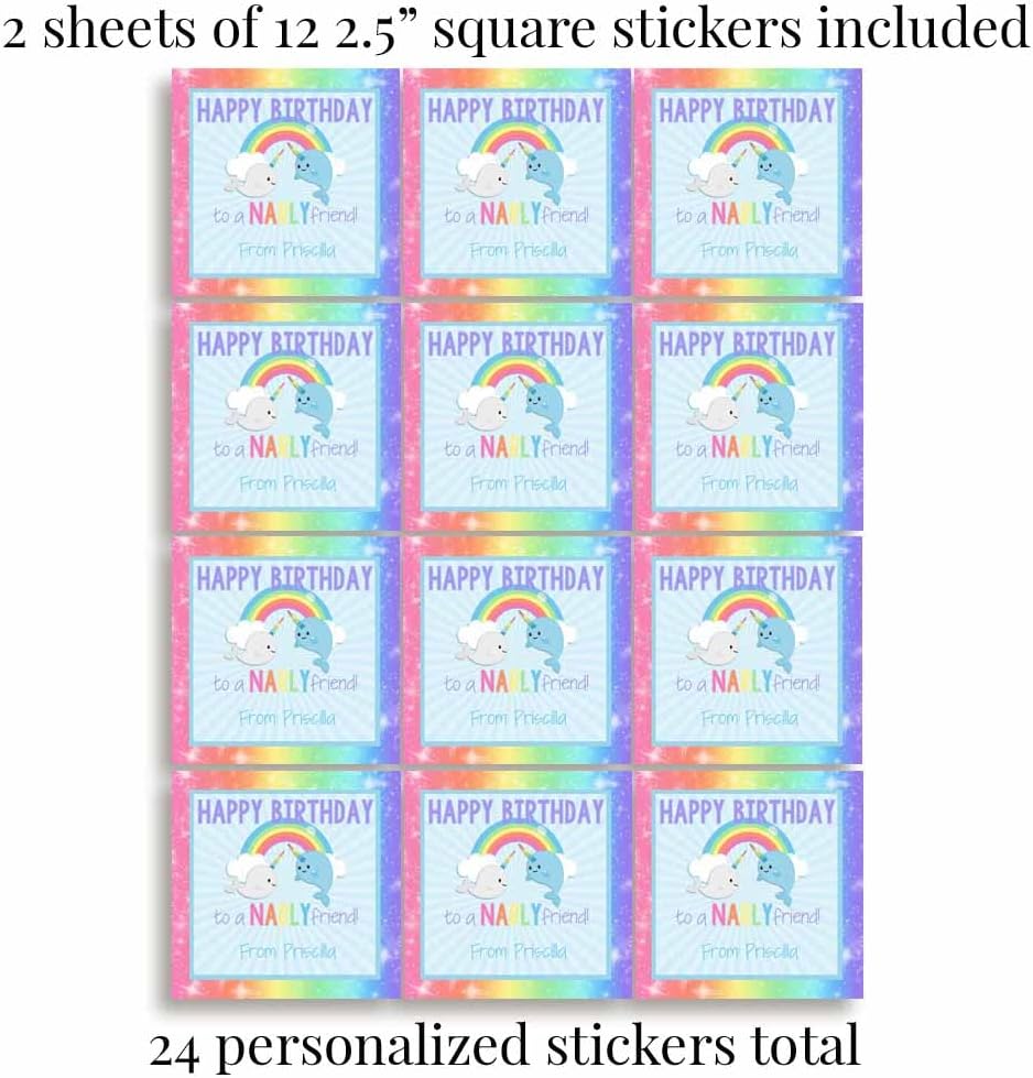 Custom & Personalized Narwhal Unicorn of The Sea Happy Birthday Gift Tag Sticker Labels, 24 2.5" Square Stickers by Amanda Creation