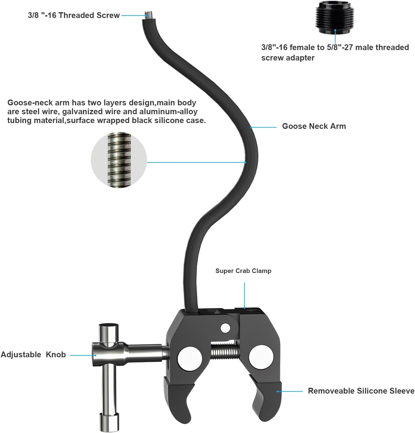 Gooseneck Microphone Stand,19.69" Flexible Adjustable Arm Super Crab Clamp Mic Clip 3/8"-16 to 5/8"-27 Adapter Mount,Compatible with Shure/Fifine / AT2020 / Pyle/Blue Snowball/Razer