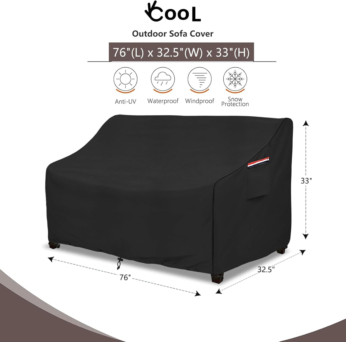 okcool Heavy Duty Patio Sofa Cover, 100% Waterproof 3-Seater Outdoor Sofa Cover Fits up to 76W x 32.5D x 33H Inches, Lawn Patio Furniture Covers,Black
