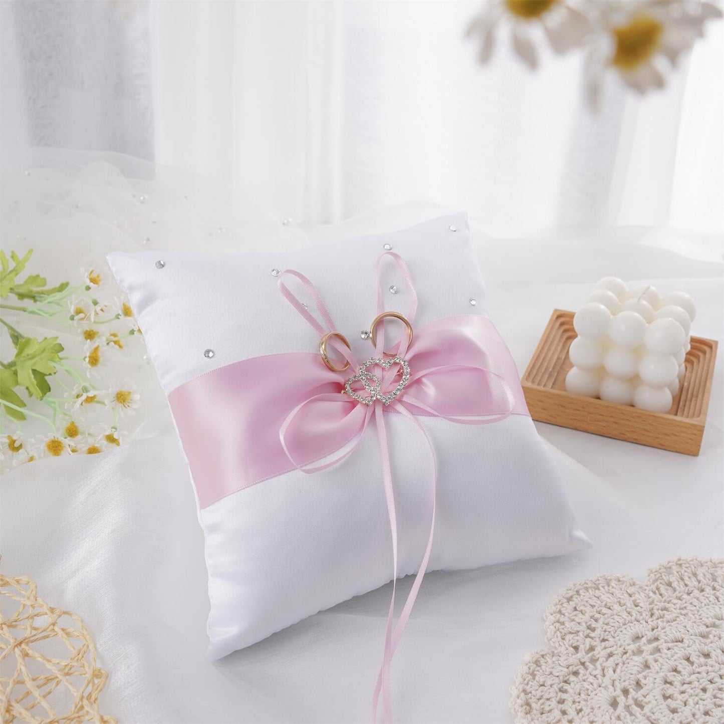 QIRMIZI Ring Pillow,Pearls Ring Cushion, Ring Bearer, Ring Holder for Beach Wedding, Wedding Ceremony, Proposal,Pink