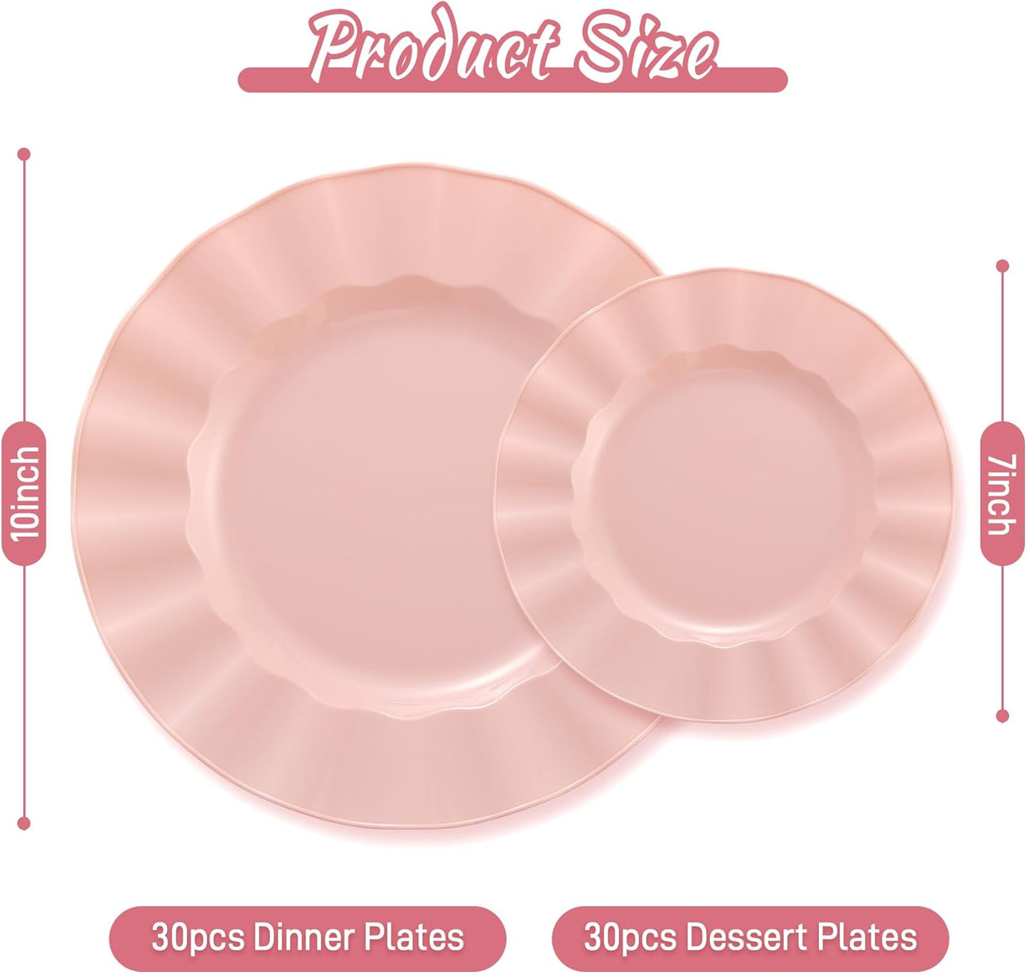 60Pcs Premium Pink Plastic Plates, Fancy Nice Disposable Plate, Elegant Wedding Plates Set include 30 10" Dinner & 30 7" Dessert Plates for Party & Wedding（30Guests