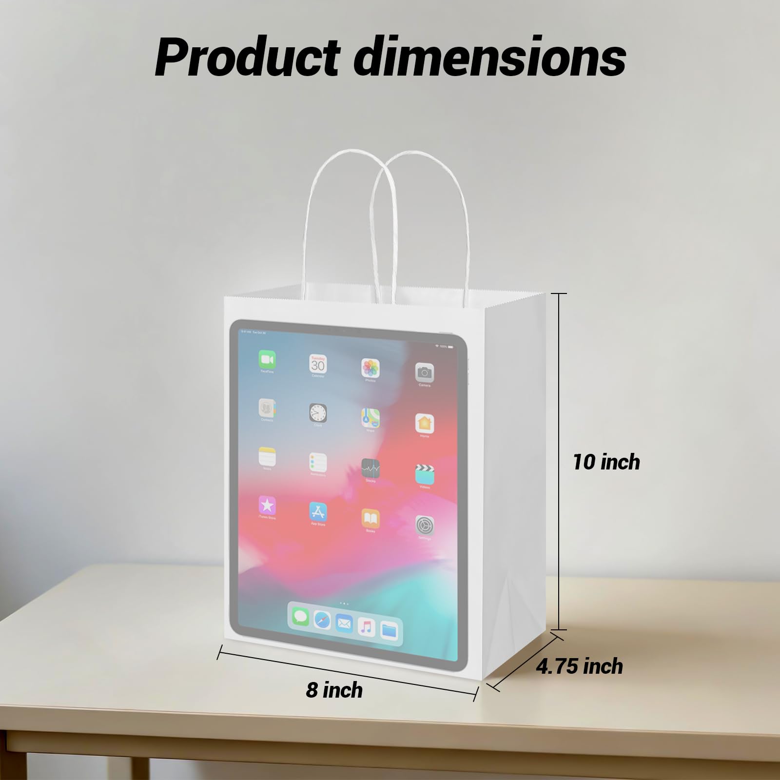 bagmad 100Pcs Pack 8x4.75x10 inch Medium White Kraft Paper Bags with Handles Bulk, Gift Bags, Craft