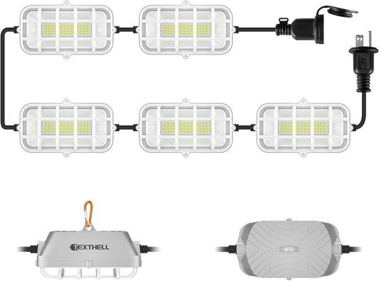 50ft LED Construction String Lights 150W Super Bright 15000LM Work Lights String Connectable Design for Workplace, Warehouse, Garage, RV, Indoor and Outdoor Weatherproof Temporary Lighting