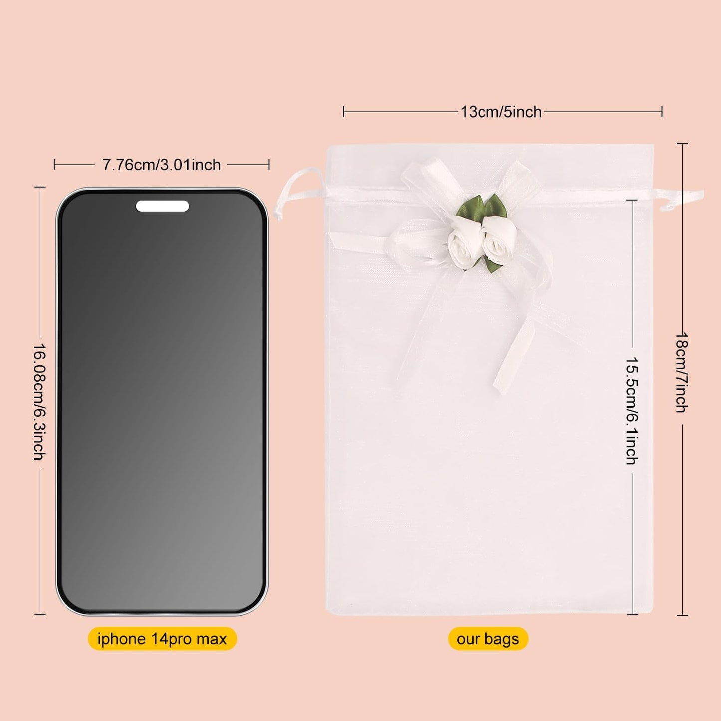 SumDirect Rose Organza Gift Bags - 50Pcs 5x7 inch White Wedding Favor Gift Bags, Jewelry Pouches with Drawstring for Party Wedding Christmas Valentine