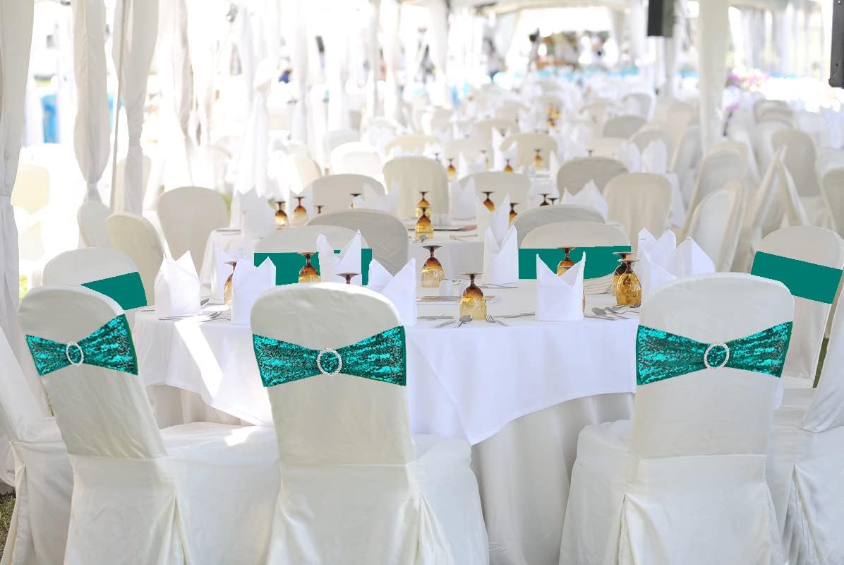 25 Pcs Chair Sashes Sequin Stretch Chair Bands Spandex Polyester Bows for Party Hotel Wedding Banquets Decoration - Teal