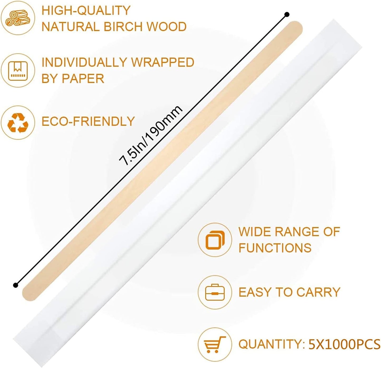 5×1000Pcs Disposable Wood Coffee Stir Sticks Stirrers Individually Paper Wrapped Coffee Tea Beverage Stirrers Stirrings 7.5 Inch,190mm