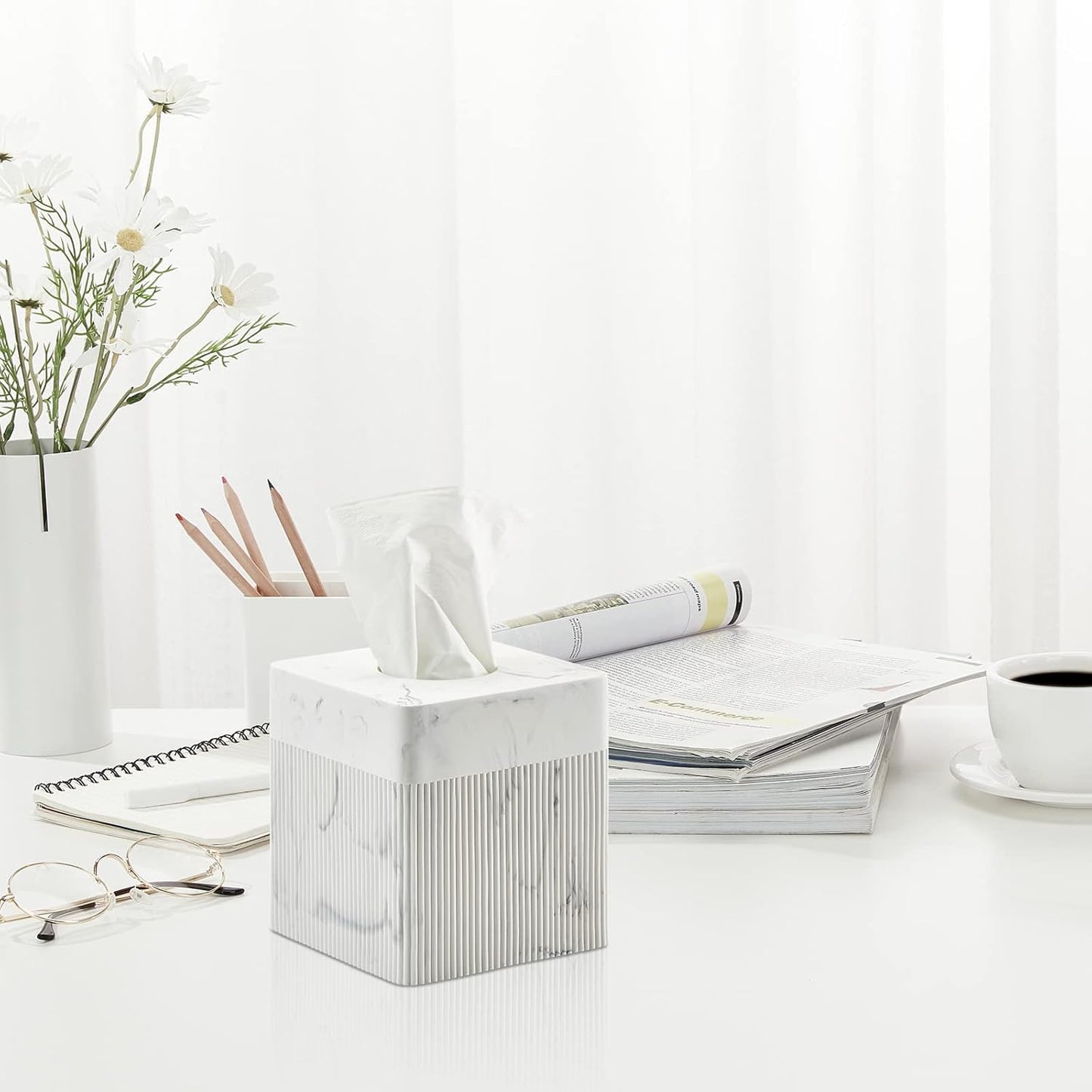 White Tissue Box Cover Square Resin Tissue Holder for Home Decor, Hand Poured Marble Ribbed Cube Tissue Box Holder – 5.5 Inch Heavy Duty Luxury Tissue Box Case for Bathroom, Living Room, Office