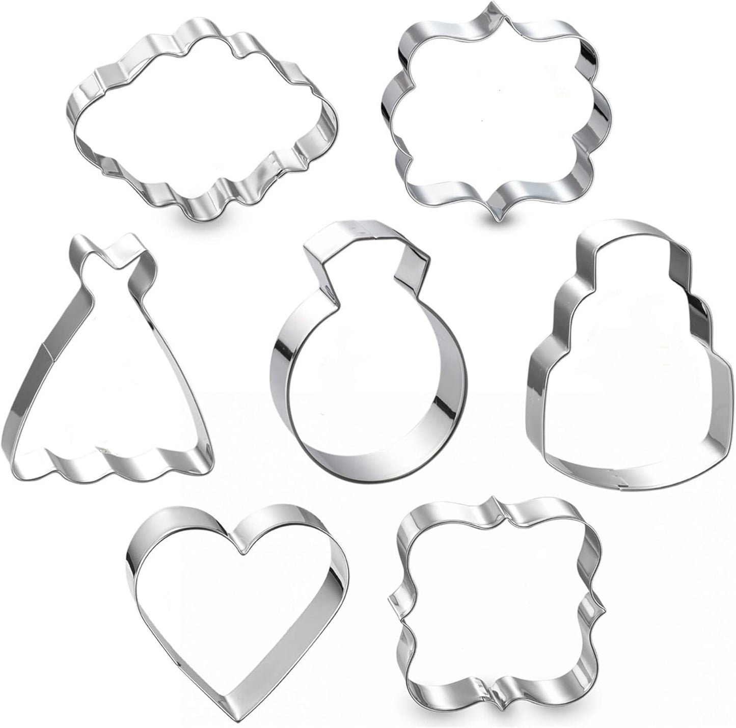 Wedding Cookie Cutter Set-7 Piece-3 Inches-Heart, Diamond Ring, Wedding Cake,Wedding Dress, Rectangle, Square and Oval Plaque Cookie Cutters Molds for Bridal Shower Engagement