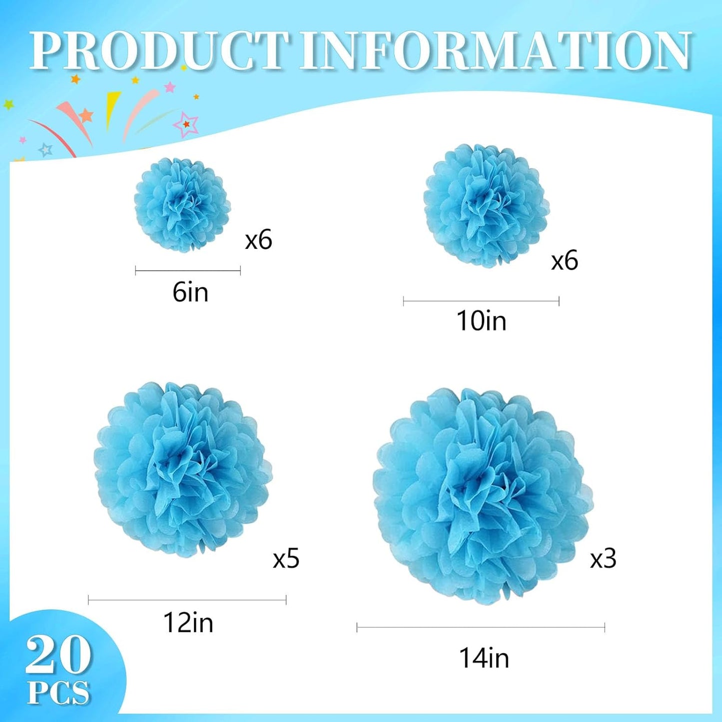20 PCS Baby Blue Tissue Paper Pom Poms, Tissue Pom Poms Flowers, Sizes of 6", 10", 12", 14" Hanging Paper Flower Ball for Wedding, Birthday, Halloween, Christmas, Baby Shower Party Decor
