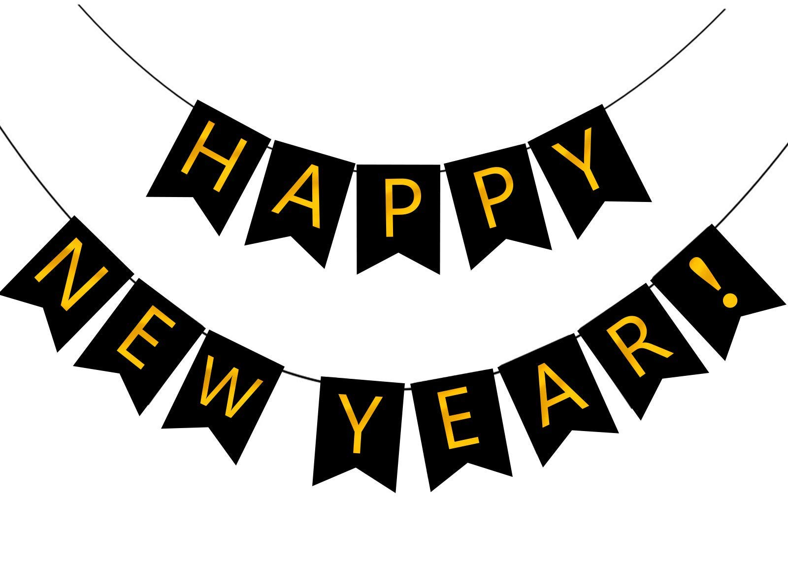 FECEDY Happy New Year Banner Black Bunting with Gold Alphabet for New Year Party Supplier Eve Party