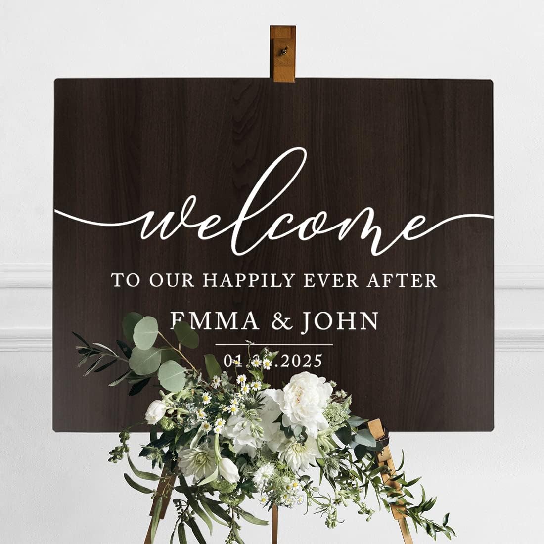 Andaz Press Large Wooden Welcome Sign for Wedding, Rustic Welcome Sign 16" x 20" Custom Names & Date, Woodland Wedding Signage, Dark Walnut MDF Wood Finish Wedding Reception Indoor Outdoor Signs