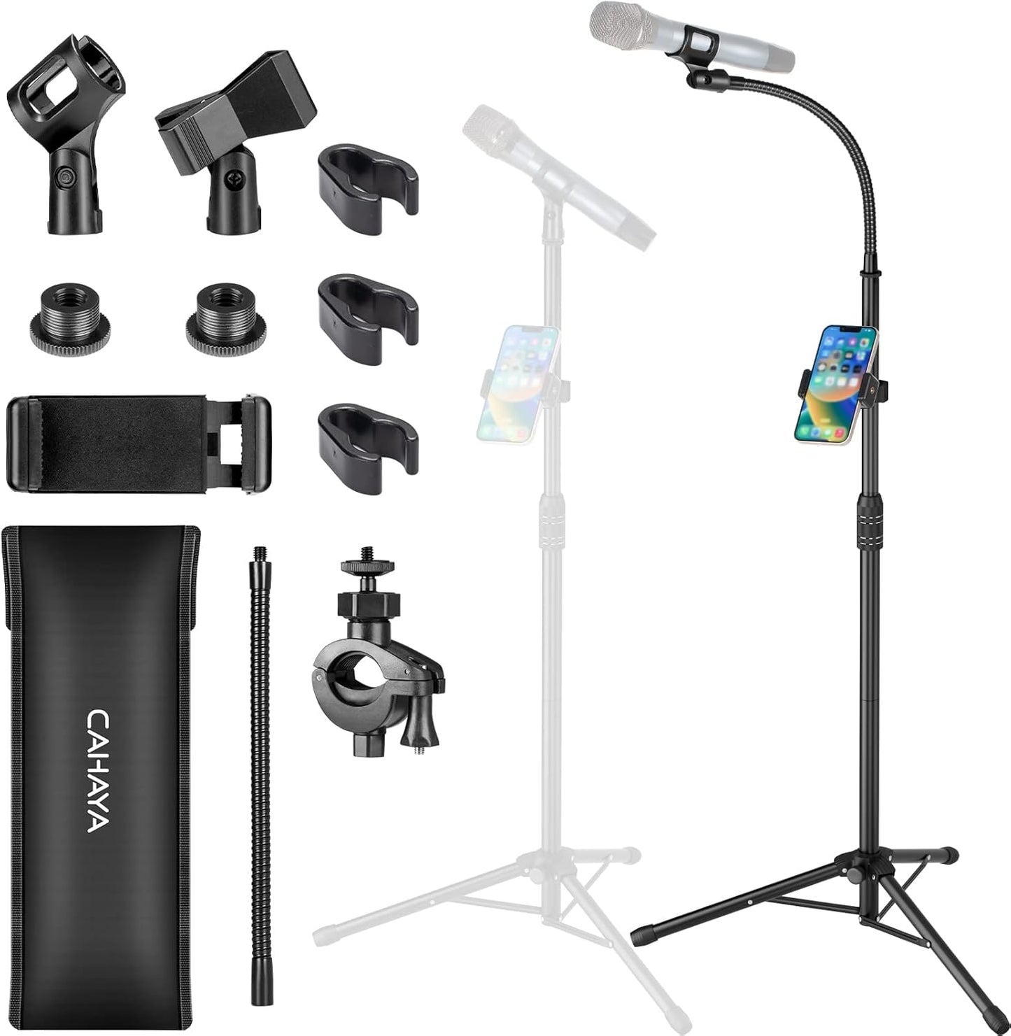 CAHAYA Dual-use Tripod Microphone Stand with Phone Holder Gooseneck Floor Mic Stand Portable with Carrying Bag and 2 Mic Clips for Singing Performance Wedding Stage Meeting Live CY0312
