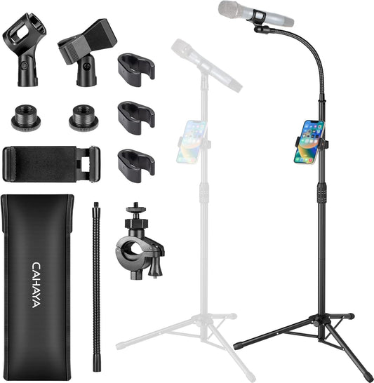 CAHAYA Dual-use Tripod Microphone Stand with Phone Holder Gooseneck Floor Mic Stand Portable with Carrying Bag and 2 Mic Clips for Singing Performance Wedding Stage Meeting Live CY0312