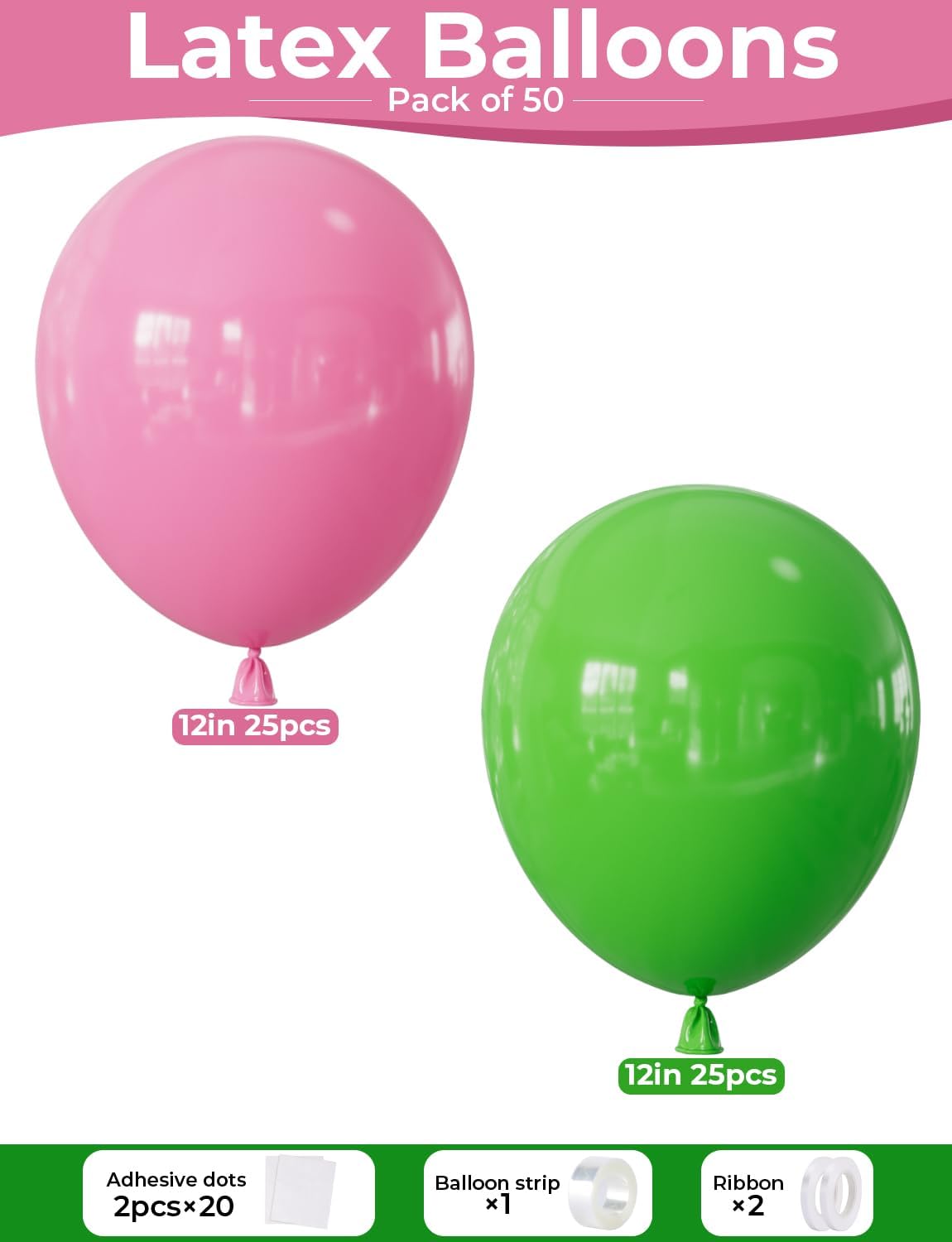 Pink and Green Balloons - Latex Balloons 12 Inch Dark Pink Balloon Green Party Balloon for Girl Princess Birthday Wedding Baby Shower Witch Themed Party Decorations, 50 Pcs