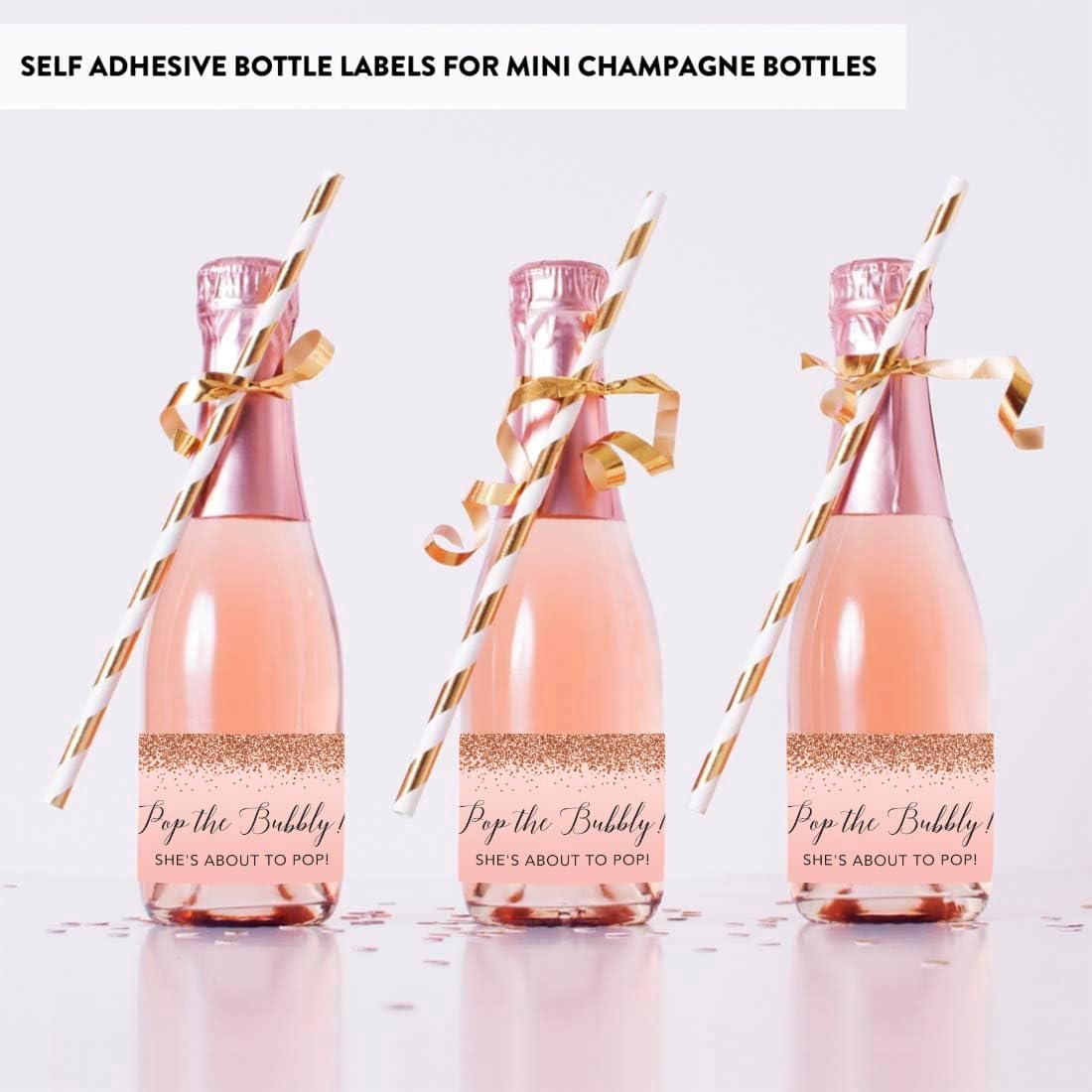 Andaz Press Mini Champagne Wine Bottle Baby Shower Labels, Pop The Bubbly! She's About to Pop!, Blush Pink Faux Rose Gold Glitter, 20-Pack Mini Champagne Bottles Baby Shower Champagne Bottle Stickers