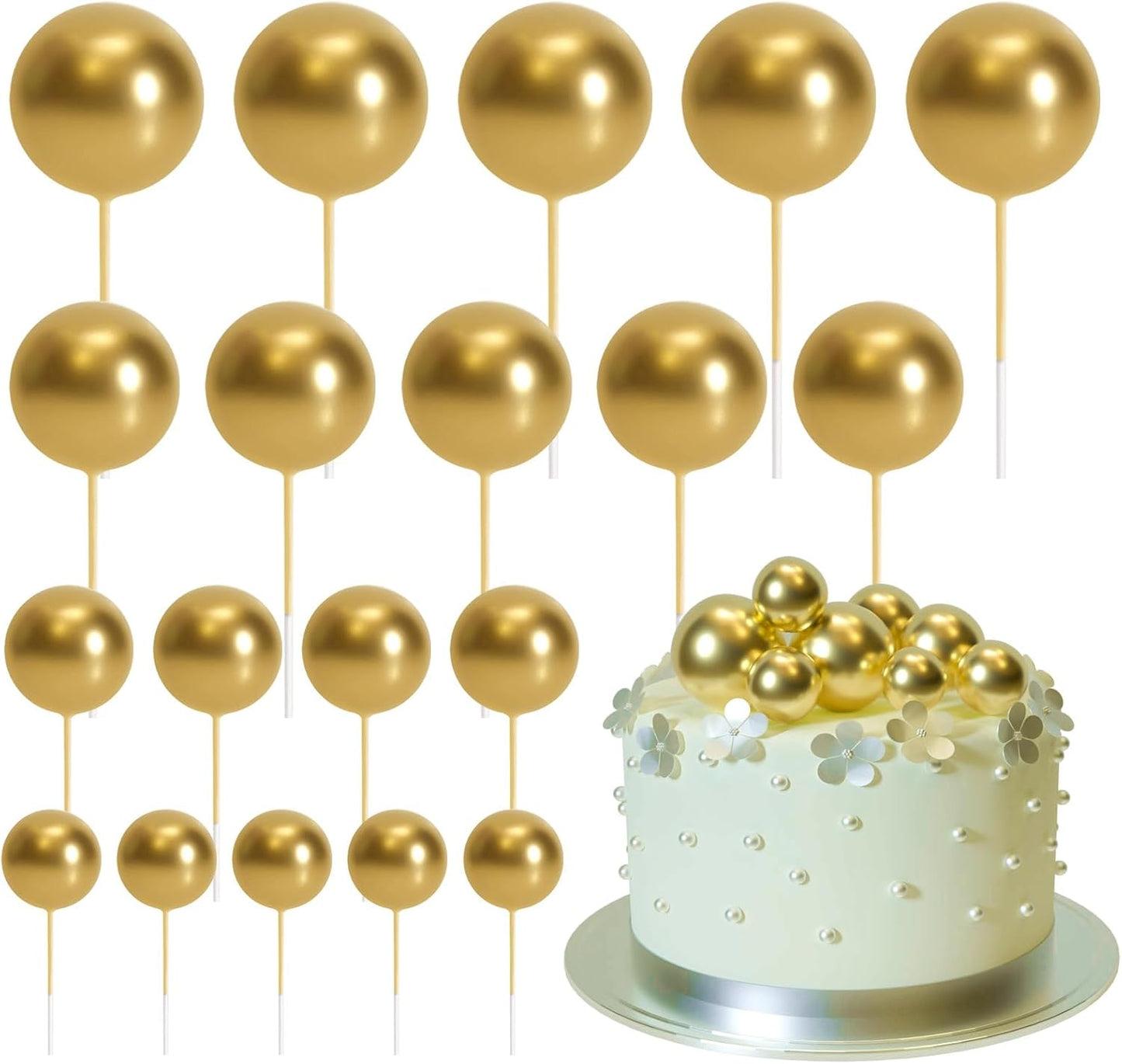 ASTARON 20 Pcs Ball Cake Topper Decorations Mini Balloons Cake Topper Sticks Gold Cake Picks Cake Balls for Graduation Wedding Birthday Cake Decorations