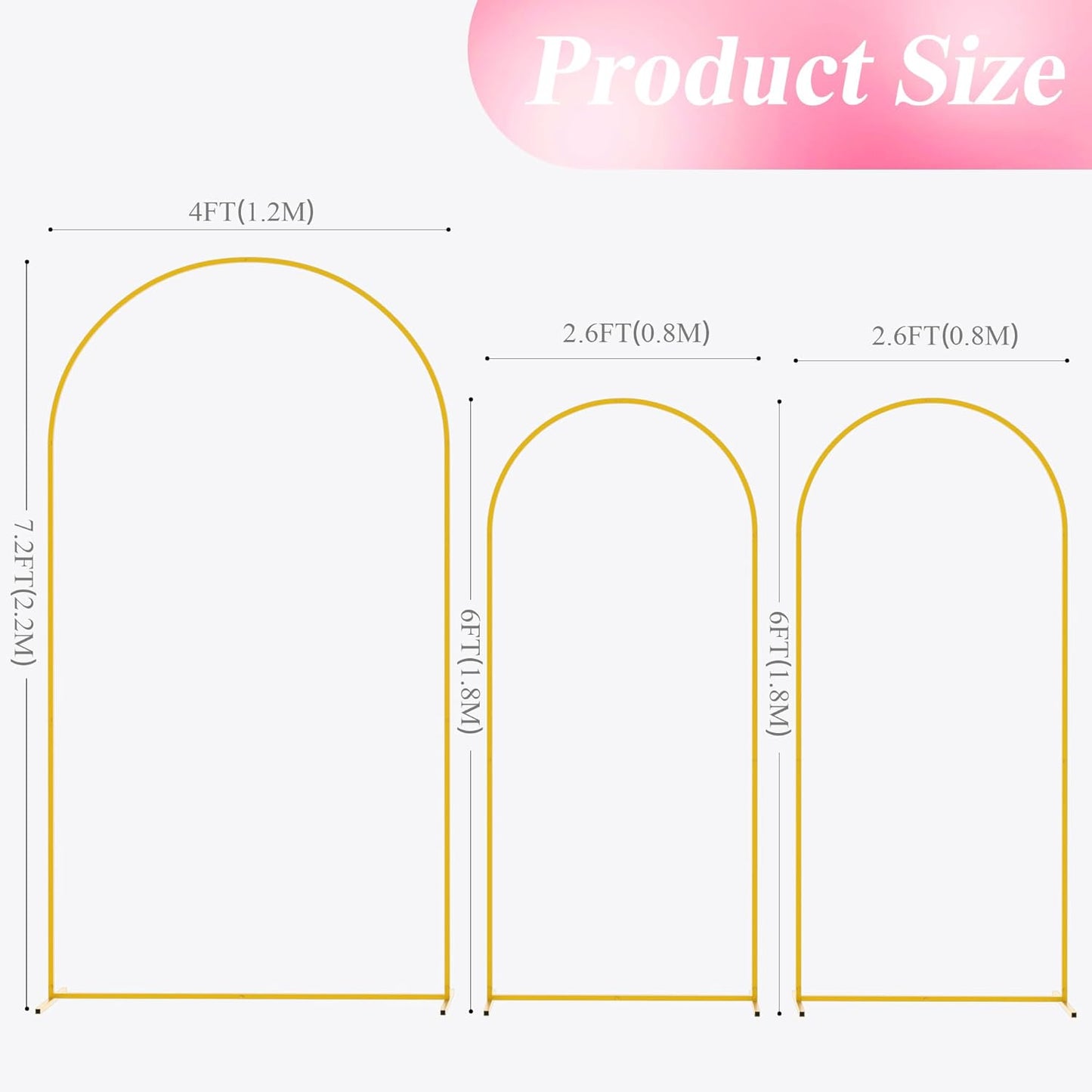 Wokceer Wedding Arch Backdrop Stand (7.2FT,6FT,6FT) Set of 3 Gold Metal Wedding Arch Stand for Birthday Party Wedding Ceremony Baby Shower Garden Balloon Arch Decoration