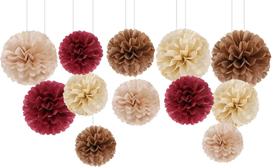 Capesaro Burgundy Beige 12PCS Paper Pom Poms Party Decorations for Engagement,Boho Wedding,Baby Shower